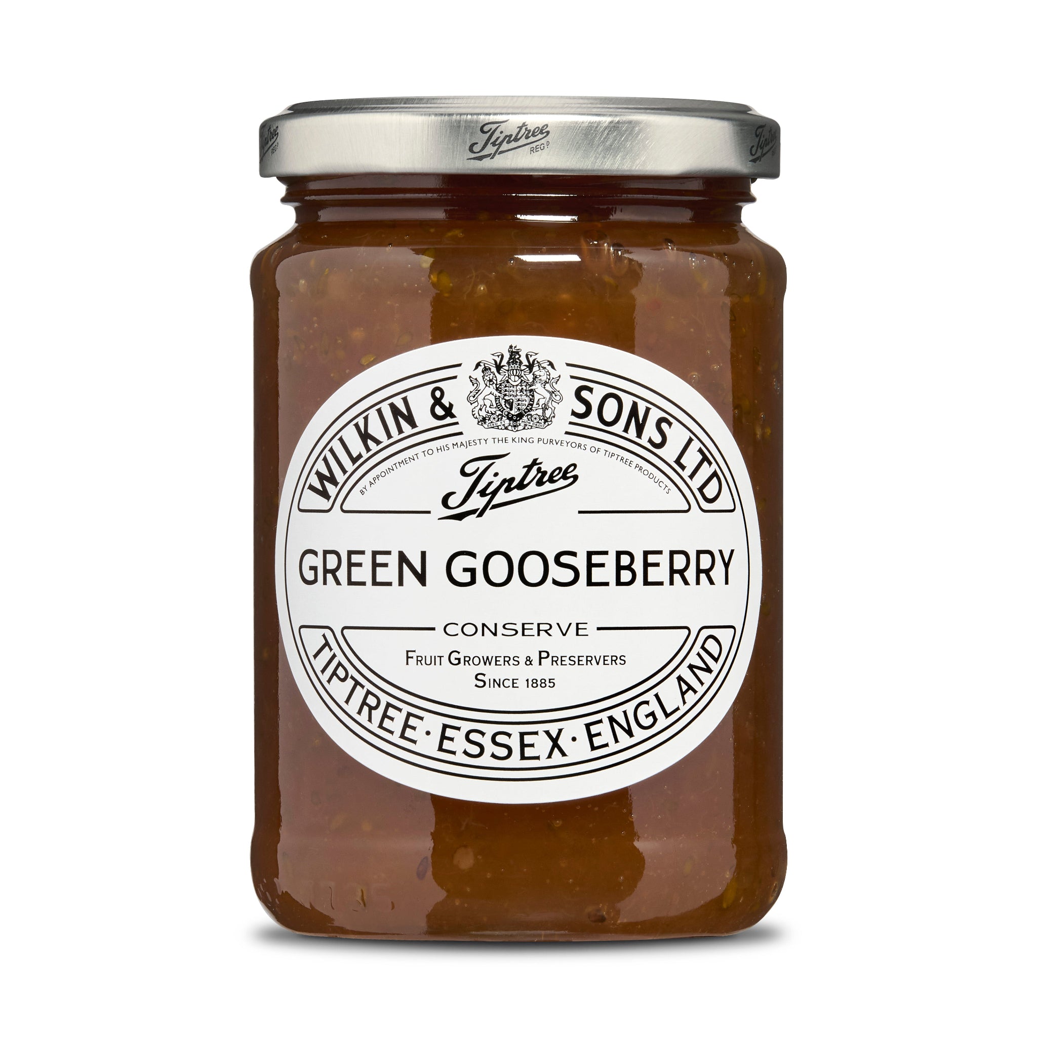 Jar of Tiptree Green Gooseberry Conserve on a white background