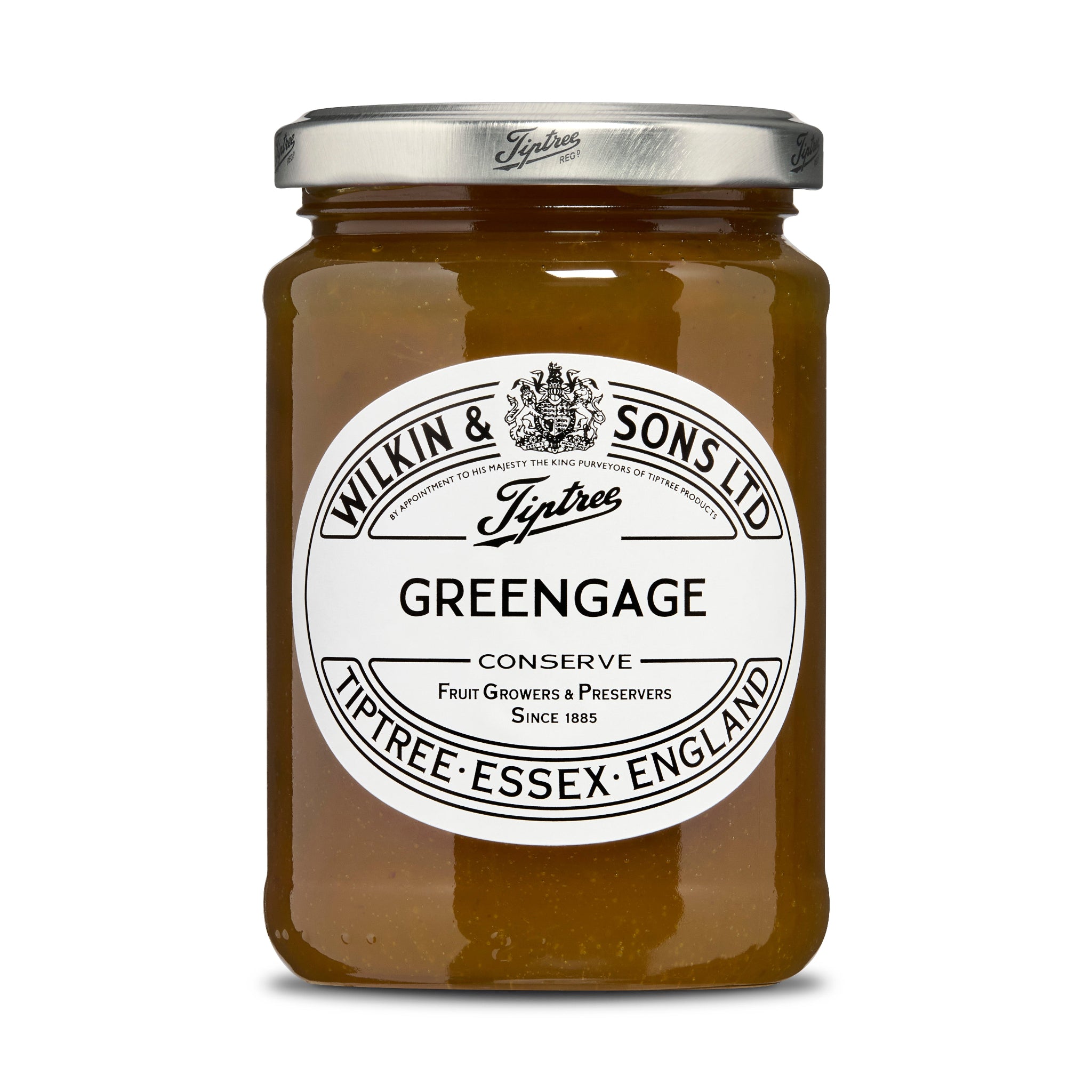 Jar of Wilkin & Sons Greengage Conserve with a white label on a white background