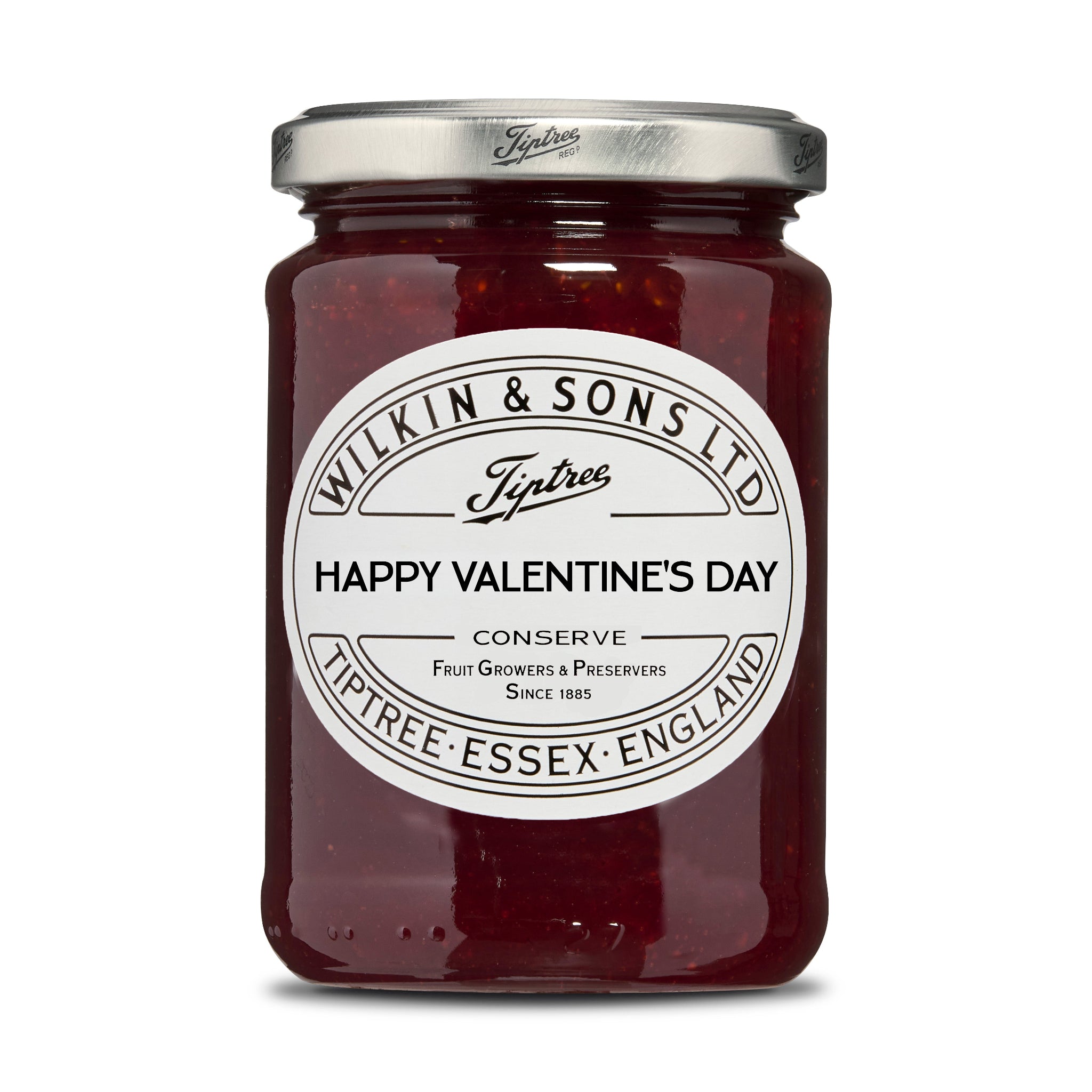Jar of Tiptree conserve with a Valentine's Day label on a white background