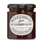 Jar of Tiptree Hot Gooseberry Chutney with a white label on a white background
