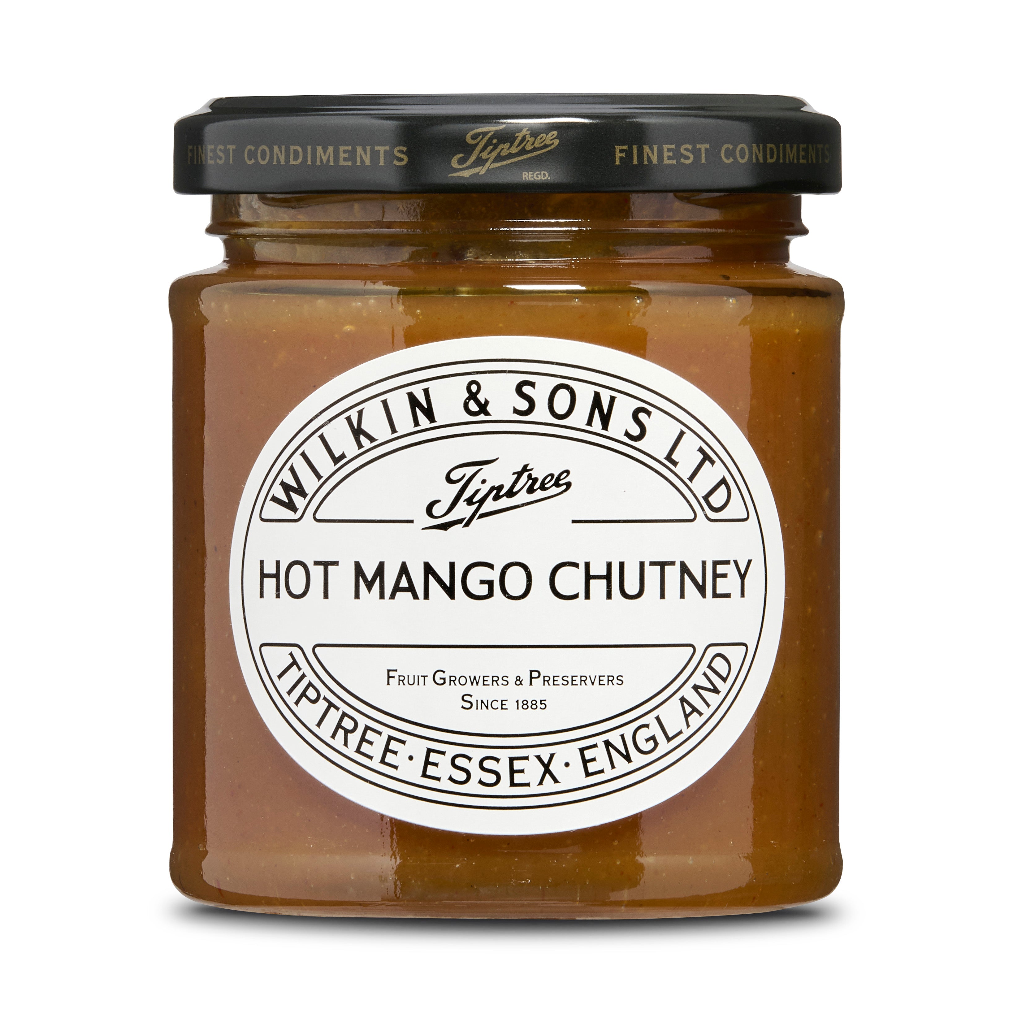 Jar of Tiptree Hot Mango Chutney with a white label on a white background