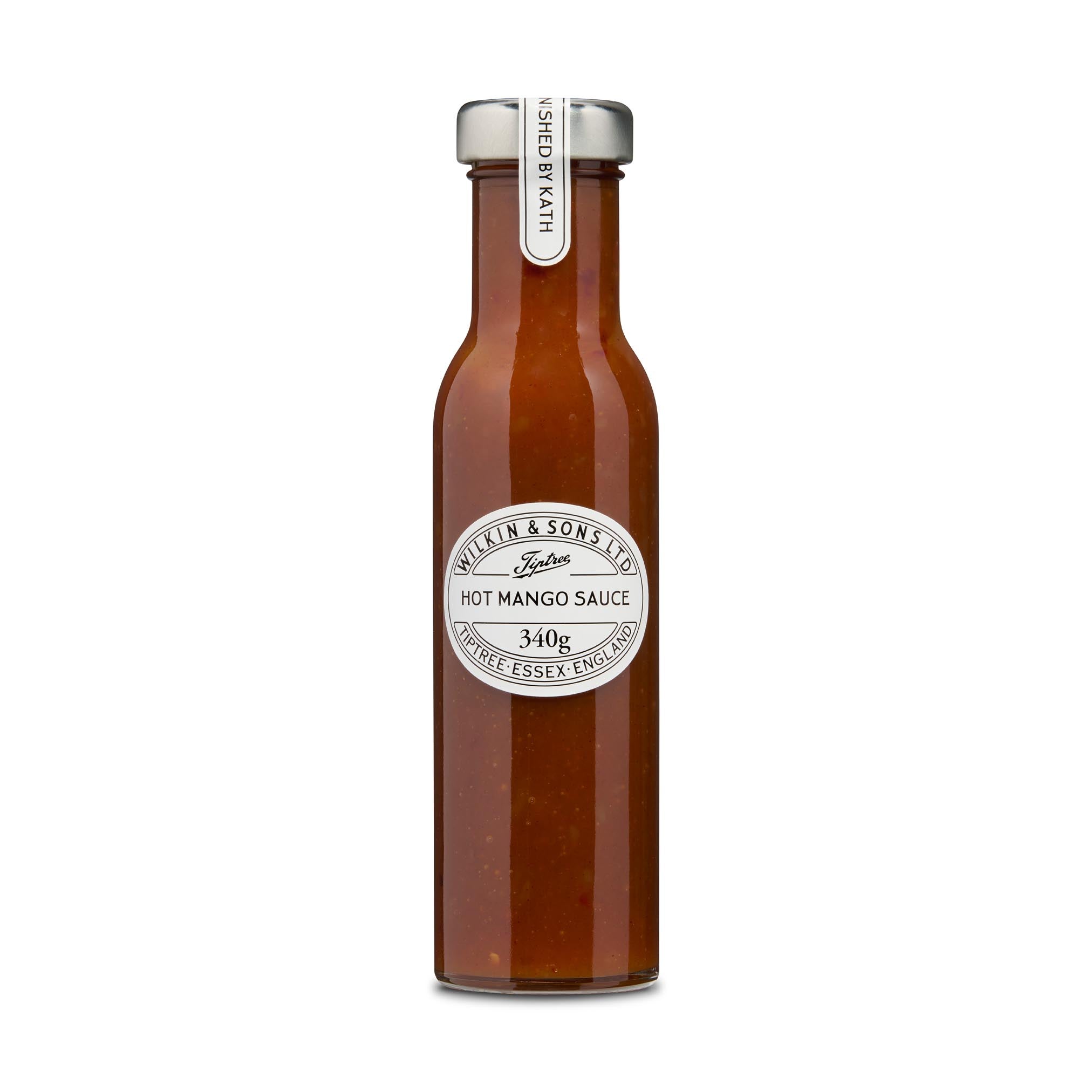 Bottle of hot mango sauce with a label on a white background