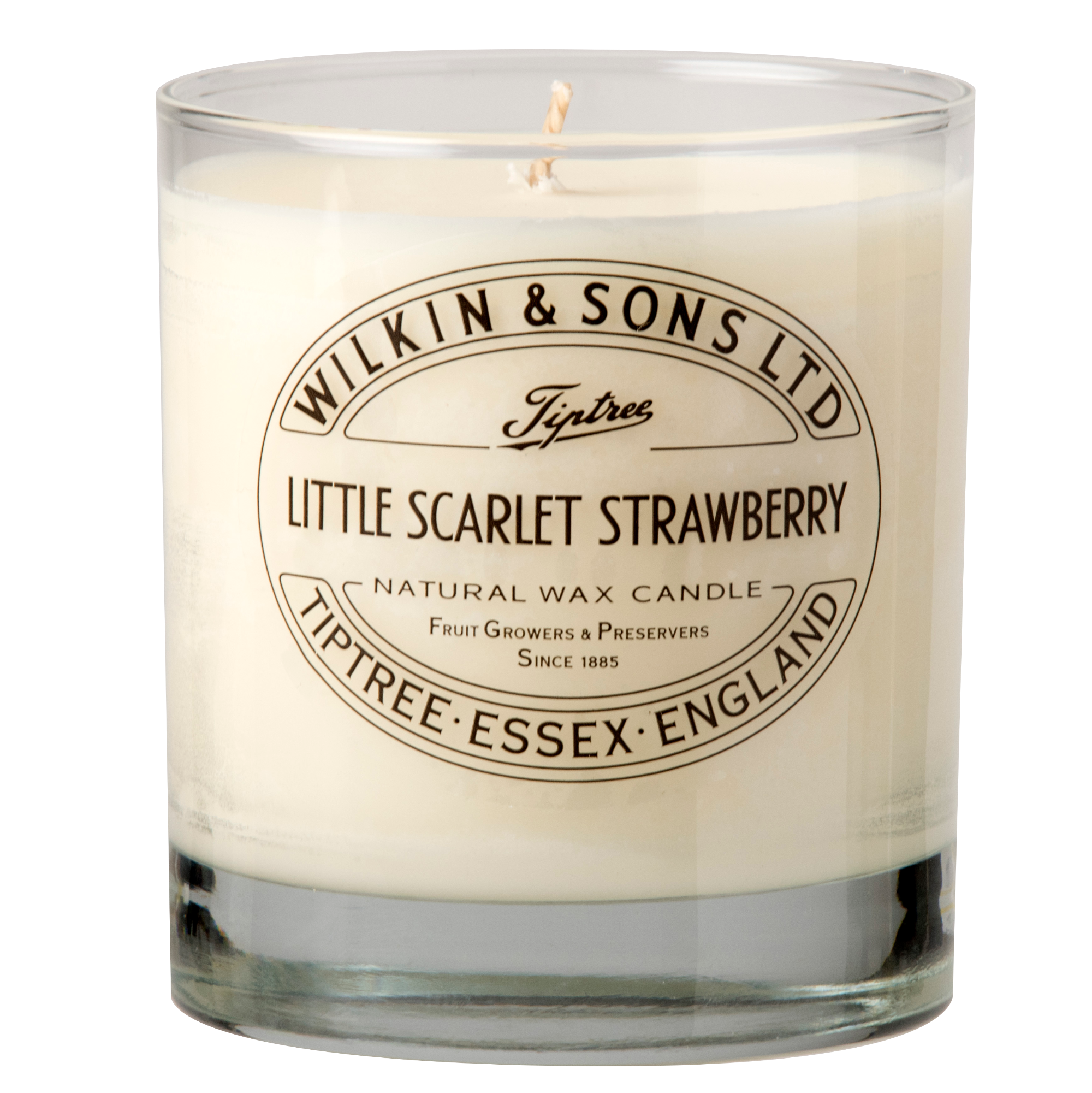 Candle in a glass jar with a label reading 'Wilkin & Sons Ltd. Little Scarlet Strawberry' on a white background.