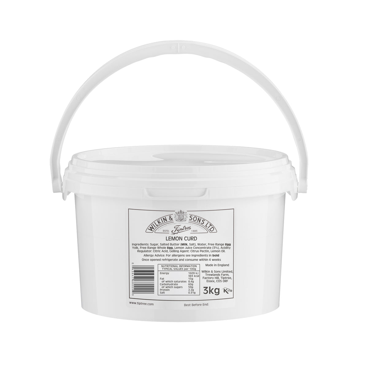 A white plastic bucket with a handle, featuring a front label for Wilkin & Sons Tiptree Lemon Curd, on a plain white background.
