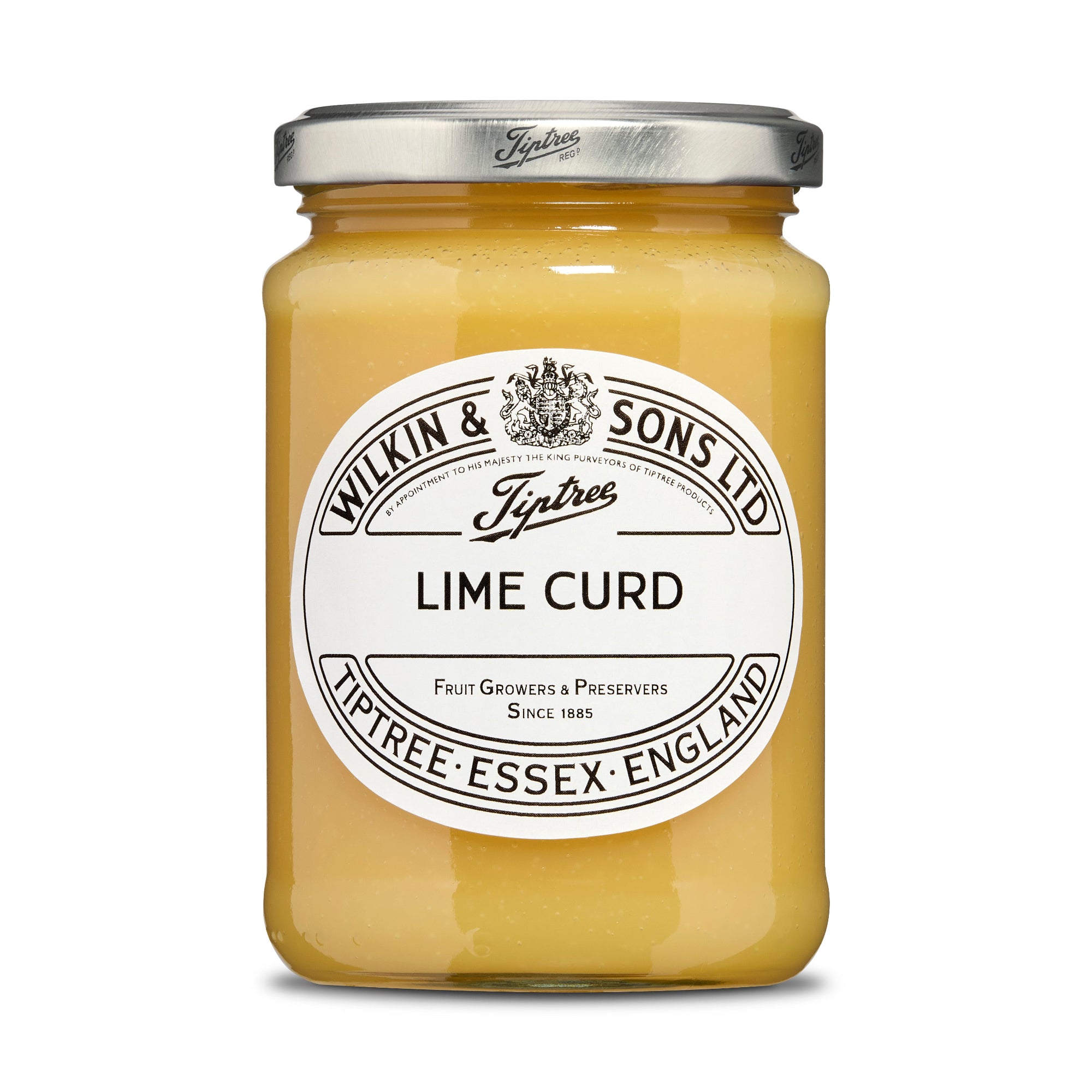 Jar of lime curd with a Tiptree label on a white background