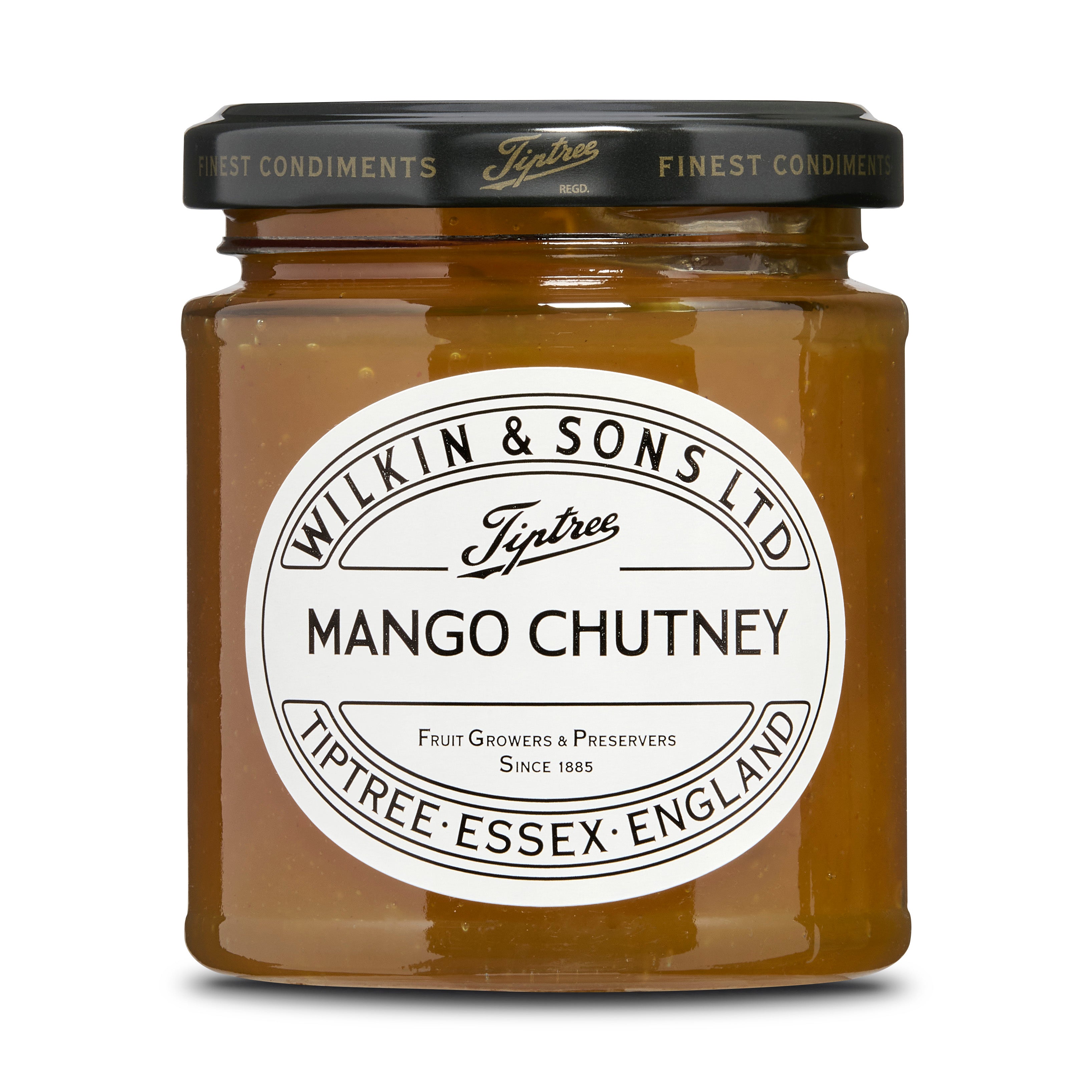 Jar of Tiptree Mango Chutney with a white label on a white background
