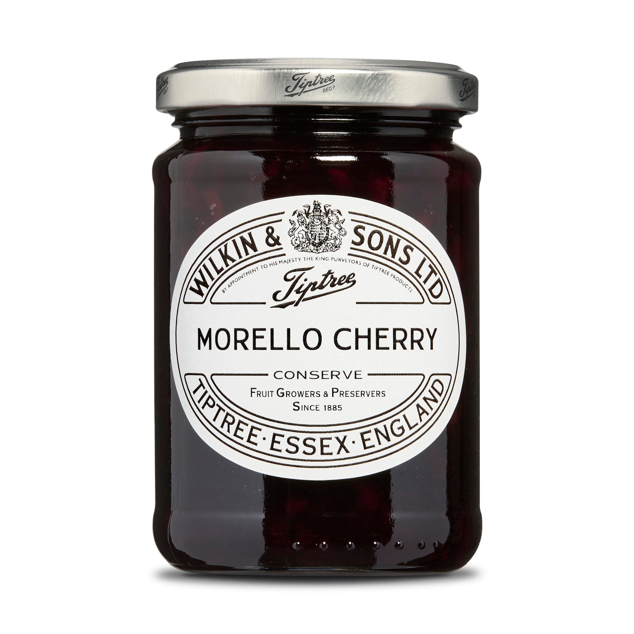Jar of Morello Cherry Conserve with Tiptree label on a white background