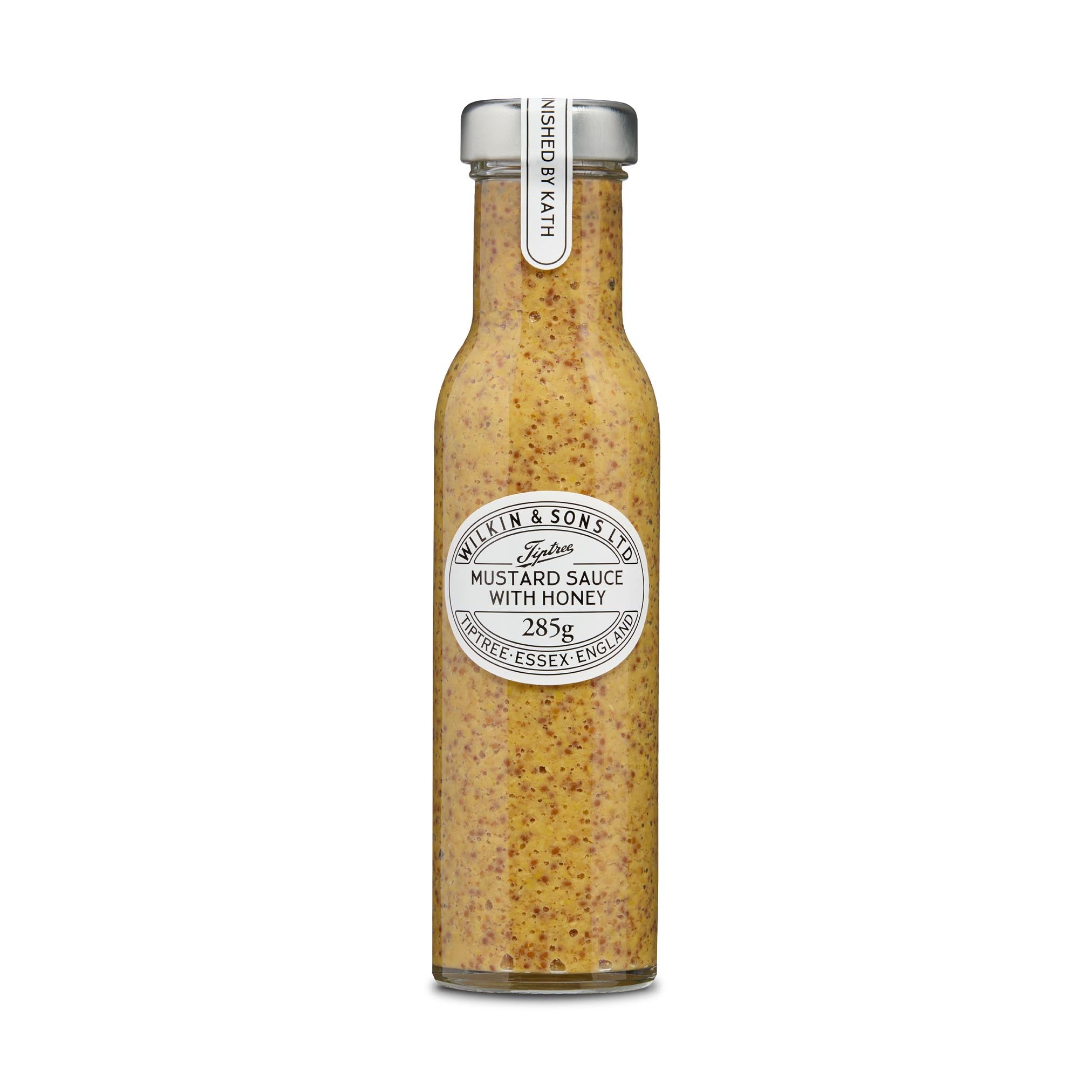 Bottle of Tiptree mustard sauce with honey on a white background