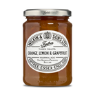 Jar of Tiptree Three Fruits marmalade with a white label on a white background