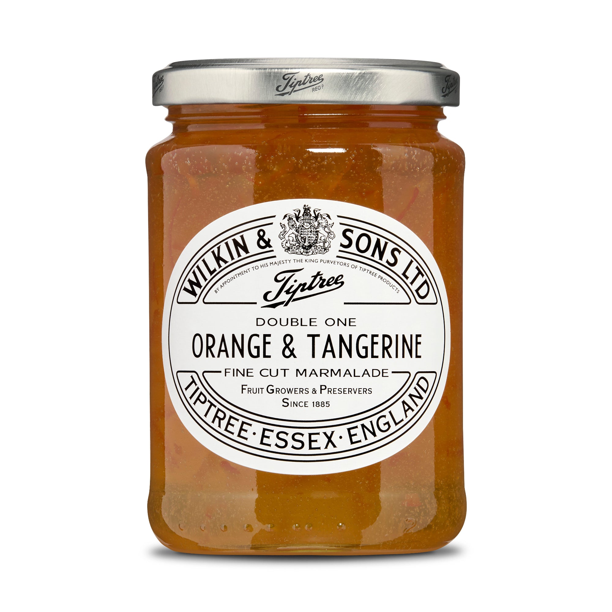 Jar of Tiptree Orange & Tangerine Marmalade with a white label on a white background