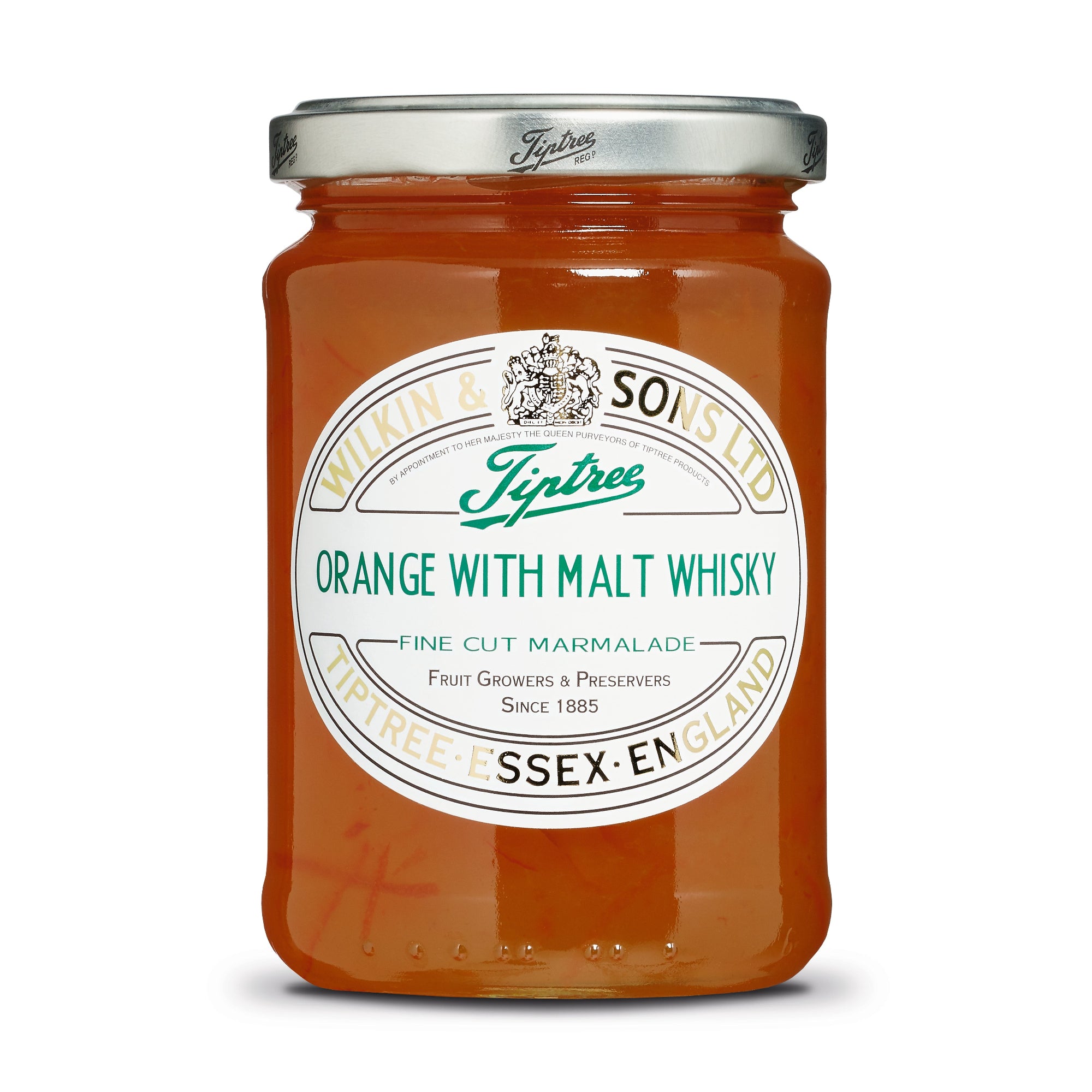 Jar of Tiptree orange marmalade with malt whisky on a white background