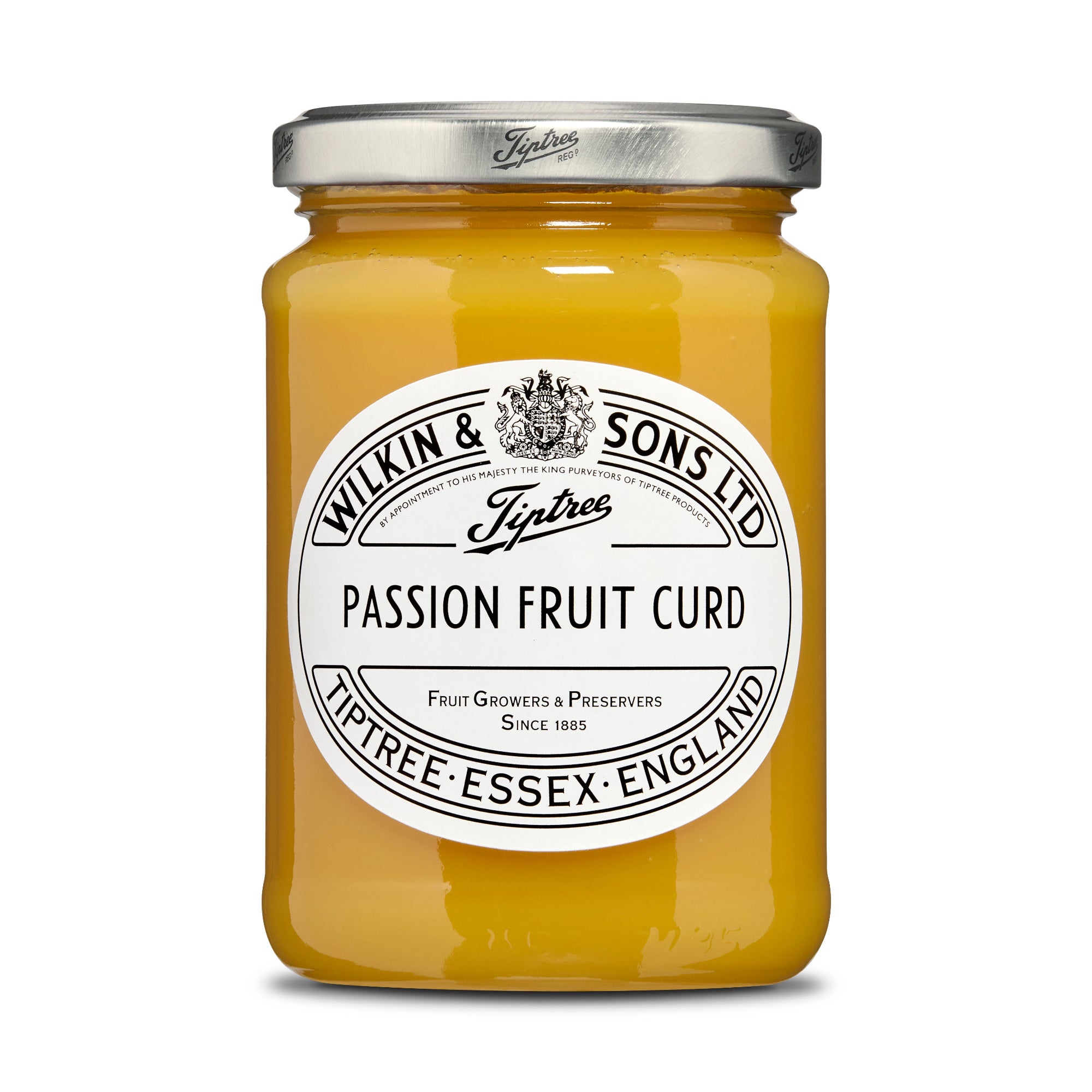 Jar of passion fruit curd with a white label on a white background