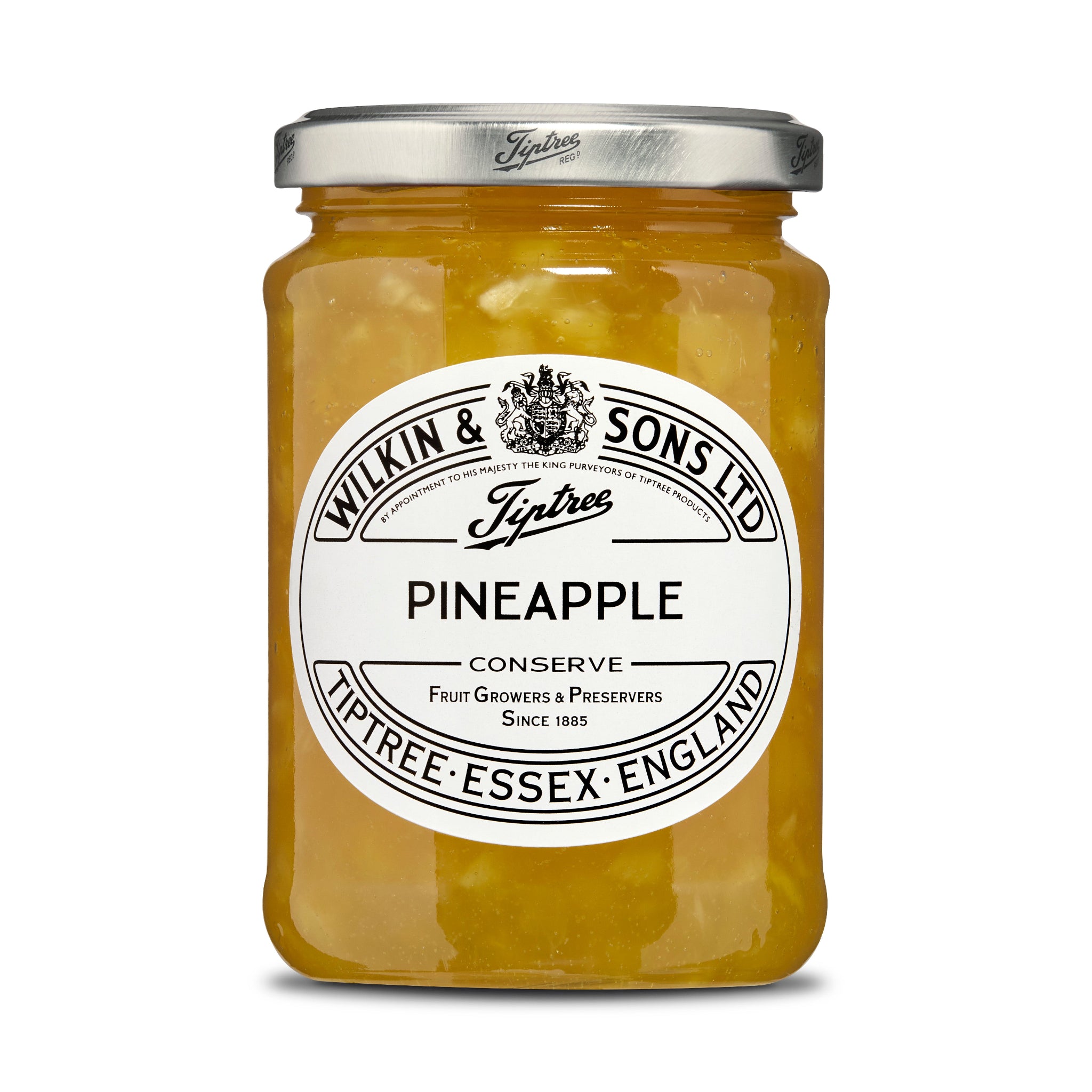Jar of pineapple conserve with a white label on a white background