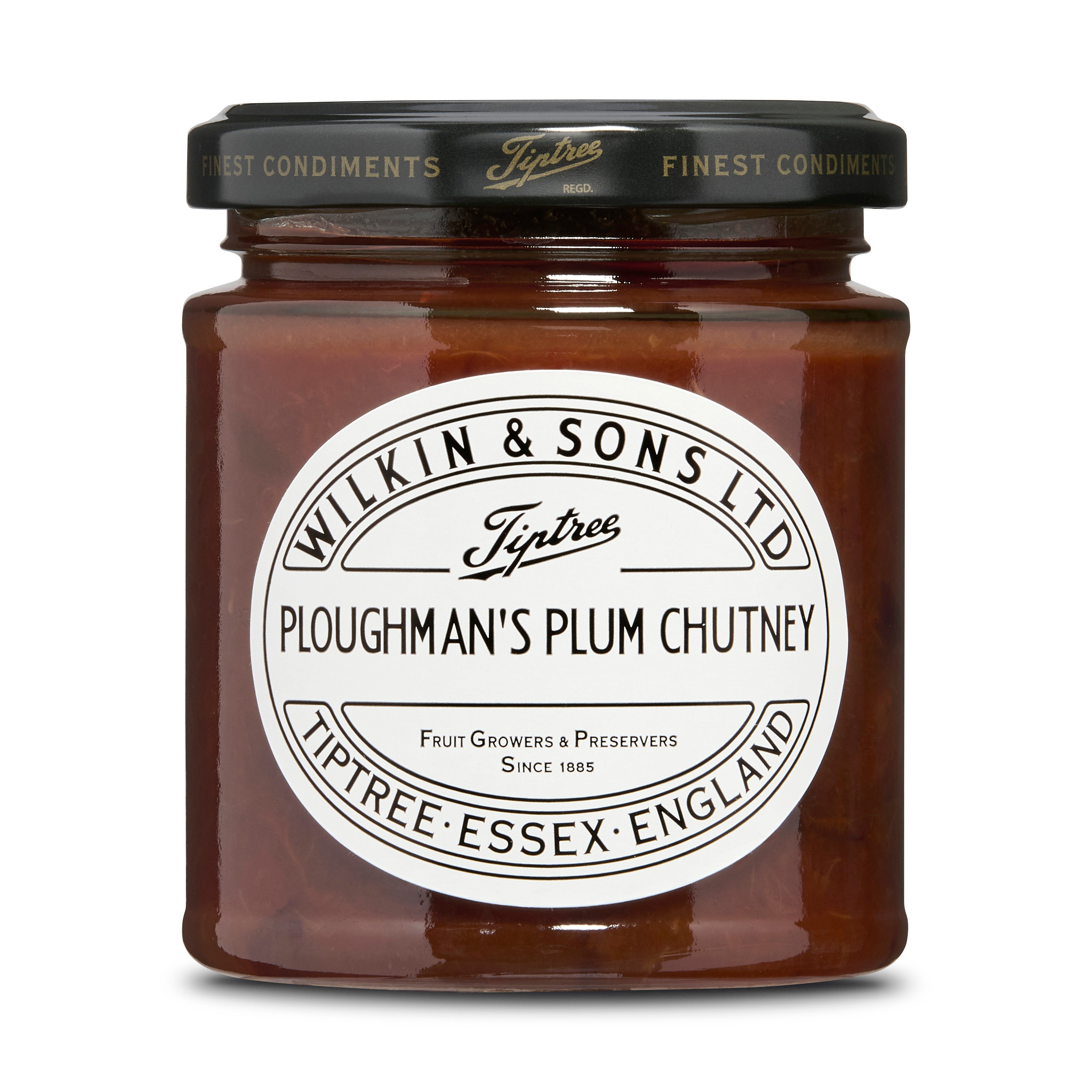 Jar of Ploughman's Plum Chutney with Tiptree label on a white background