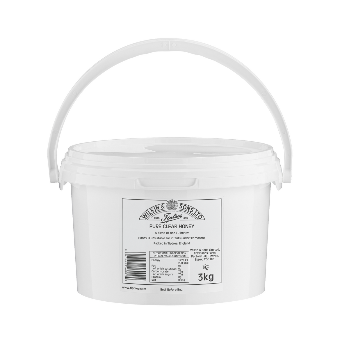 A 3kg white plastic bucket of Wilkin & Sons Tiptree Pure Clear Honey on a solid white background.