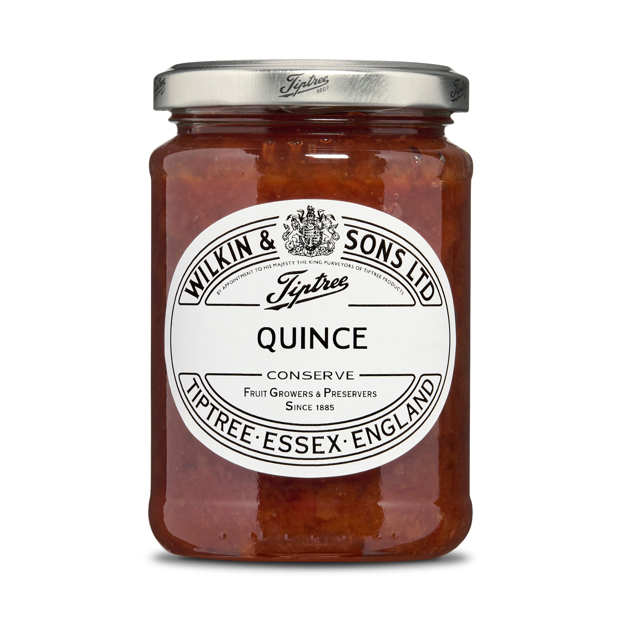 Jar of quince conserve with a white label on a white background