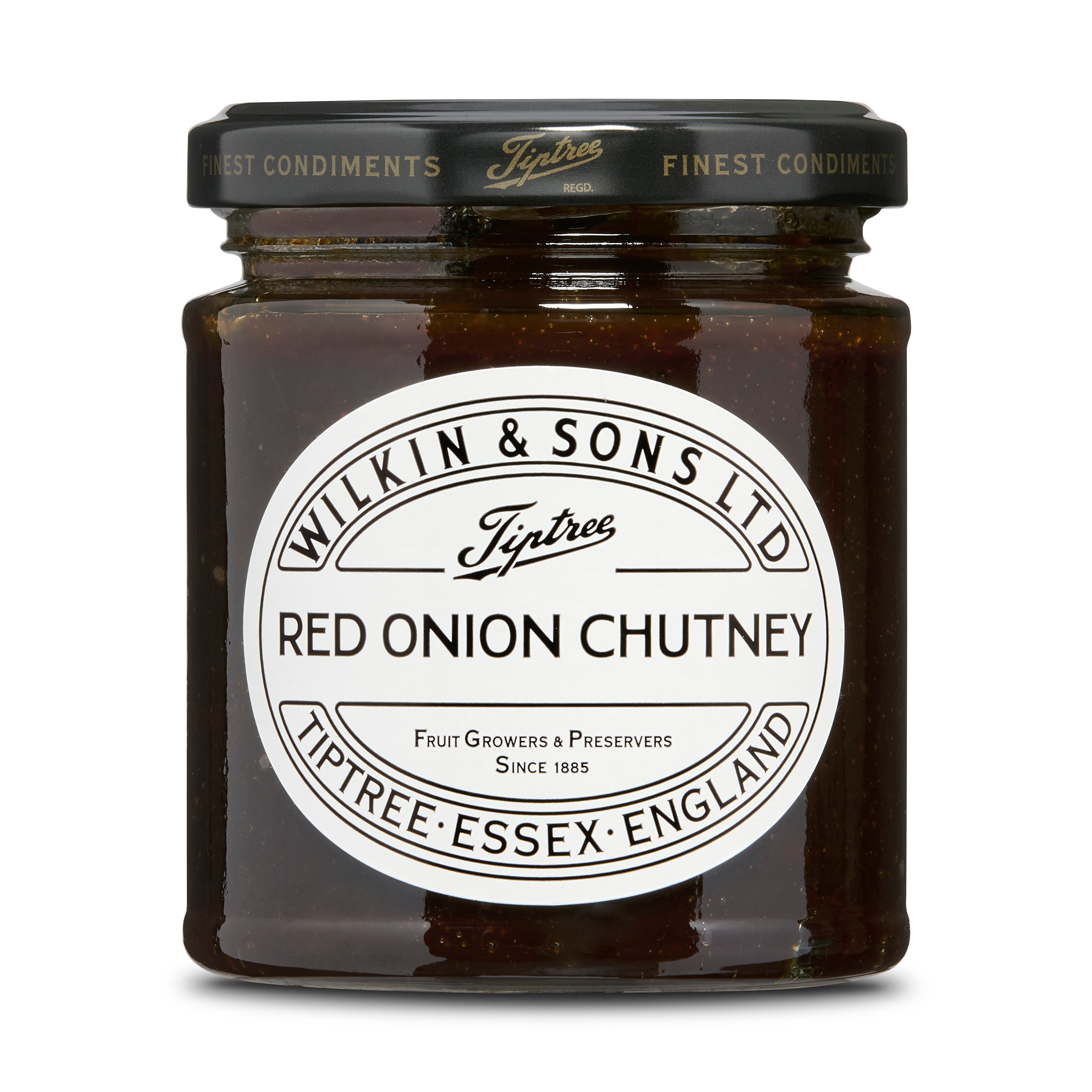 Jar of Tiptree Red Onion Chutney with a white label on a white background