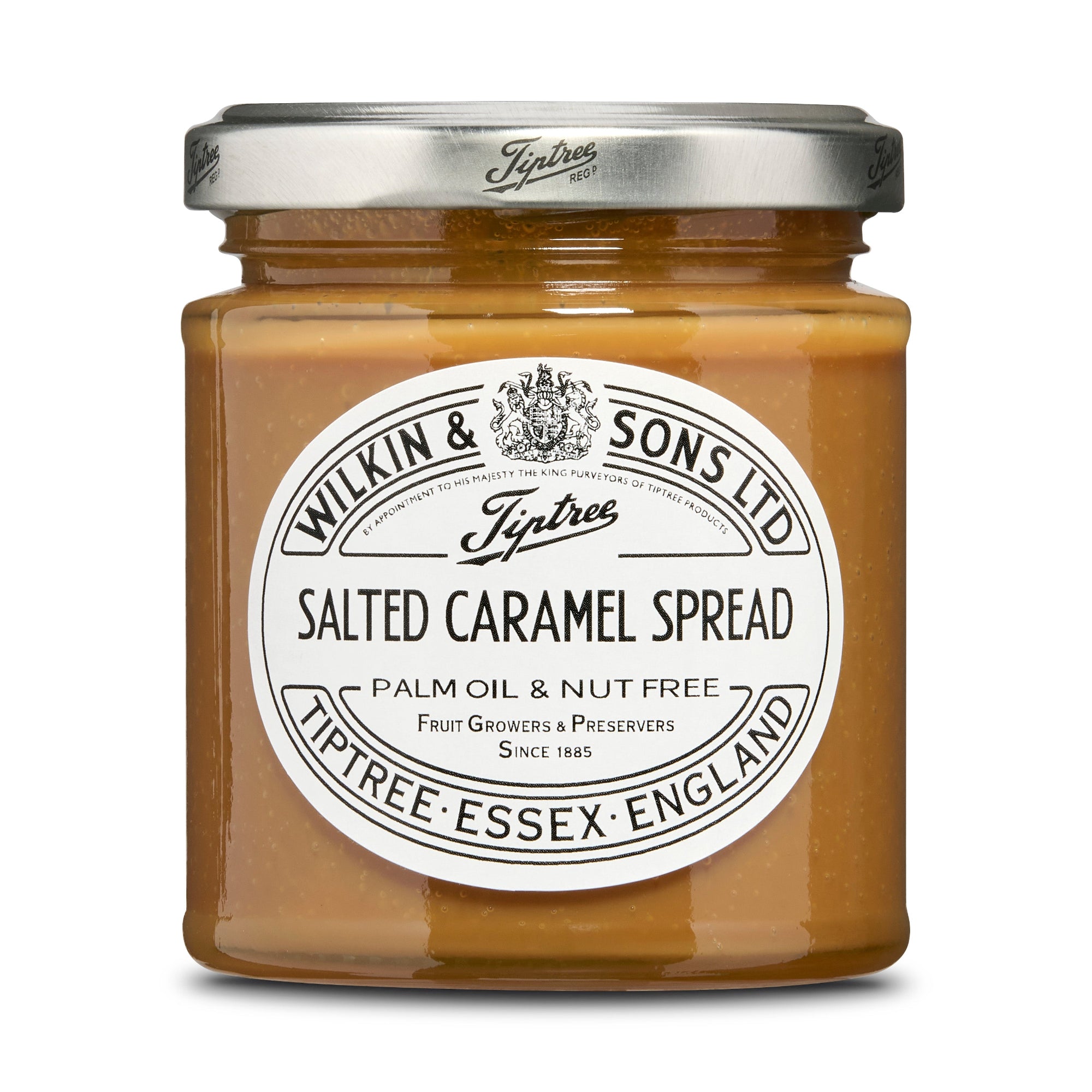 Jar of Wilkin & Sons Ltd Tiptree Salted Caramel Spread on a white background