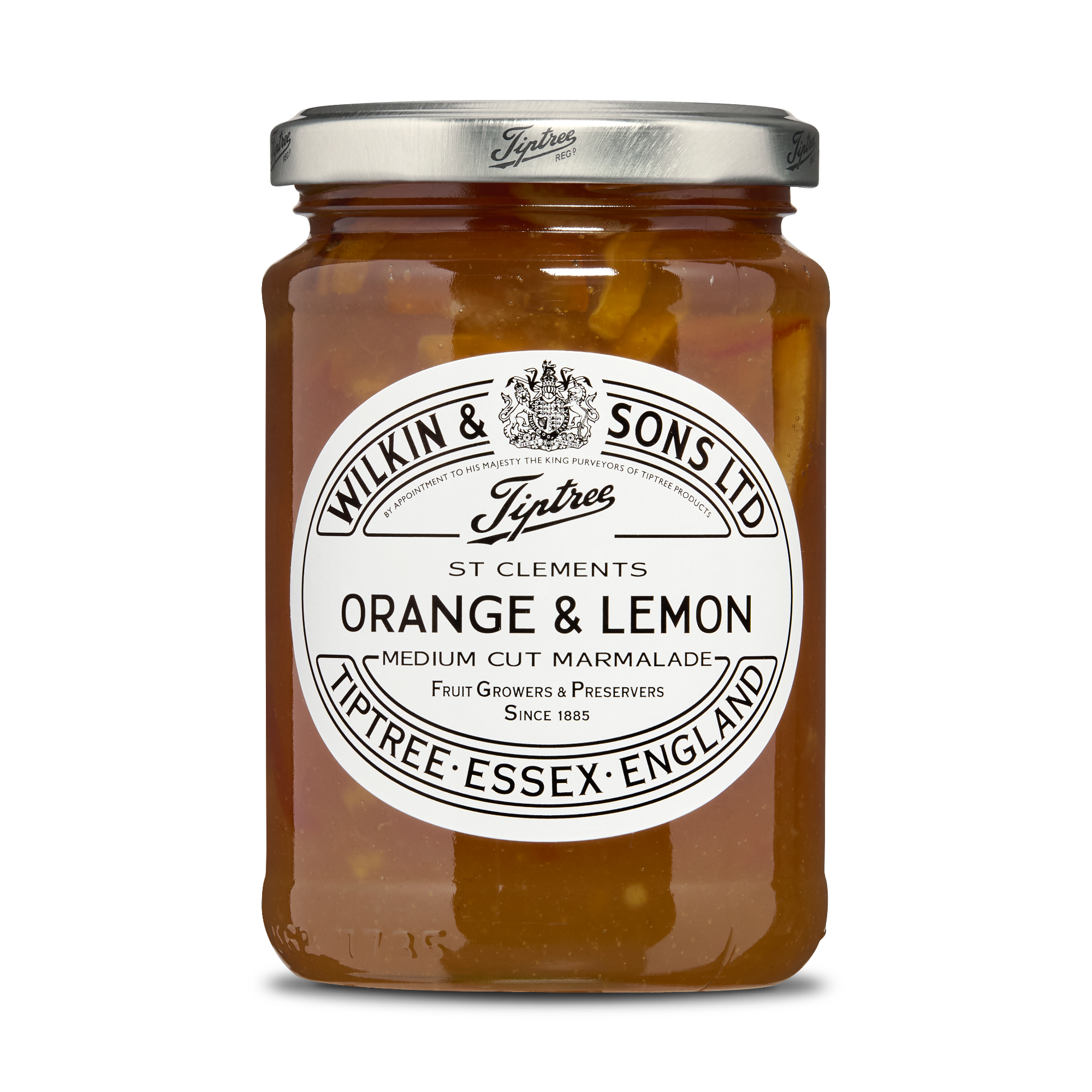 Jar of Tiptree orange and lemon marmalade with a white label on a white background