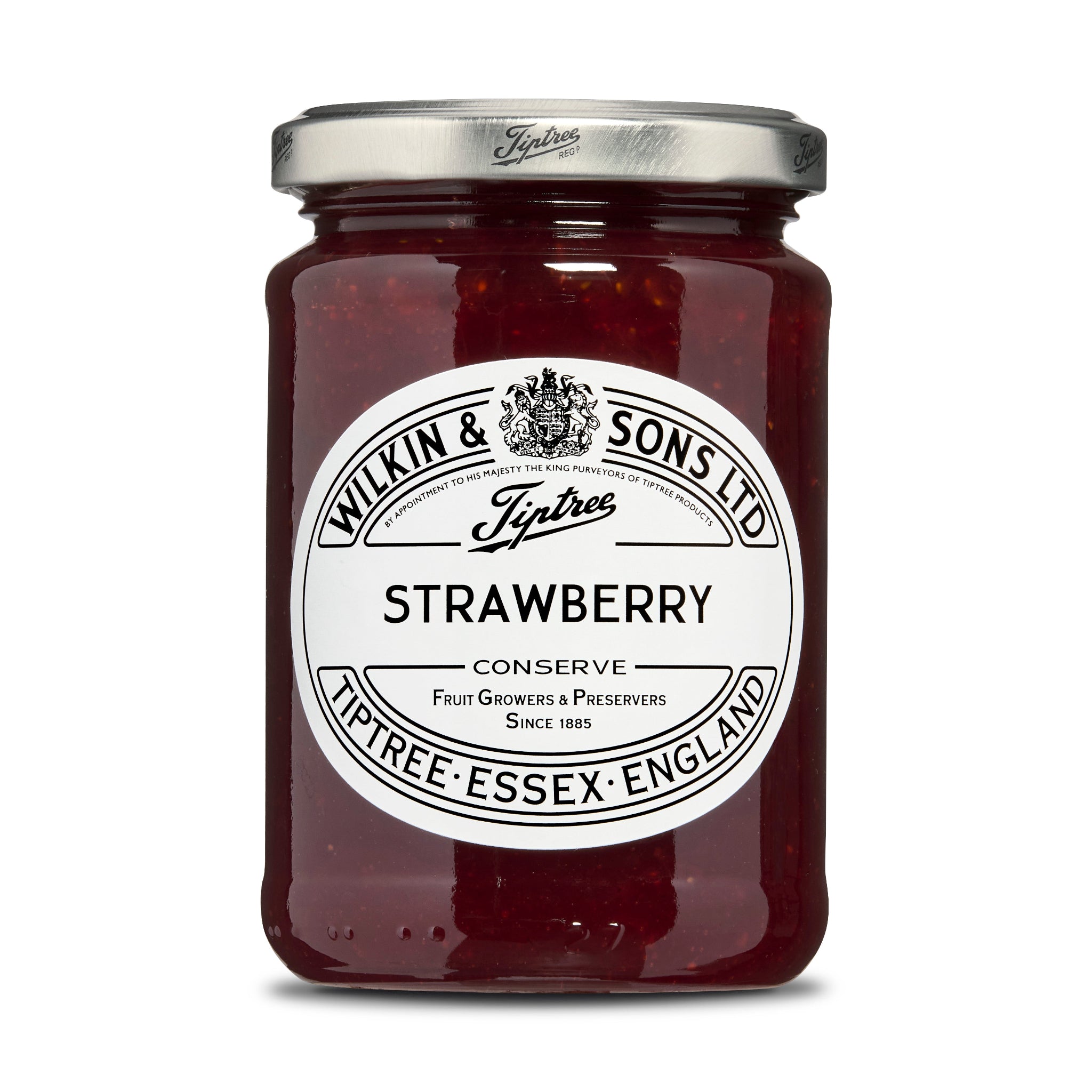 Jar of Strawberry Conserve with Tiptree label on a white background
