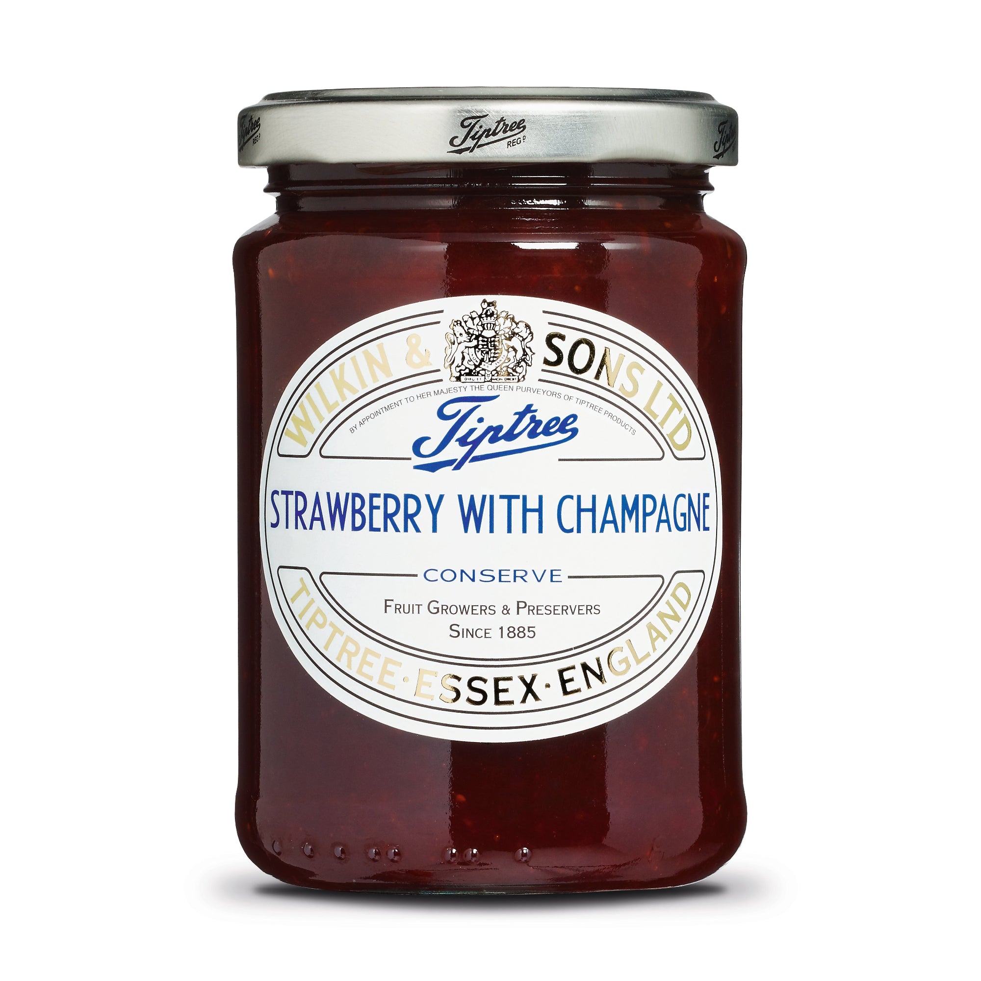 Jar of Tiptree Strawberry with Champagne Conserve on a white background