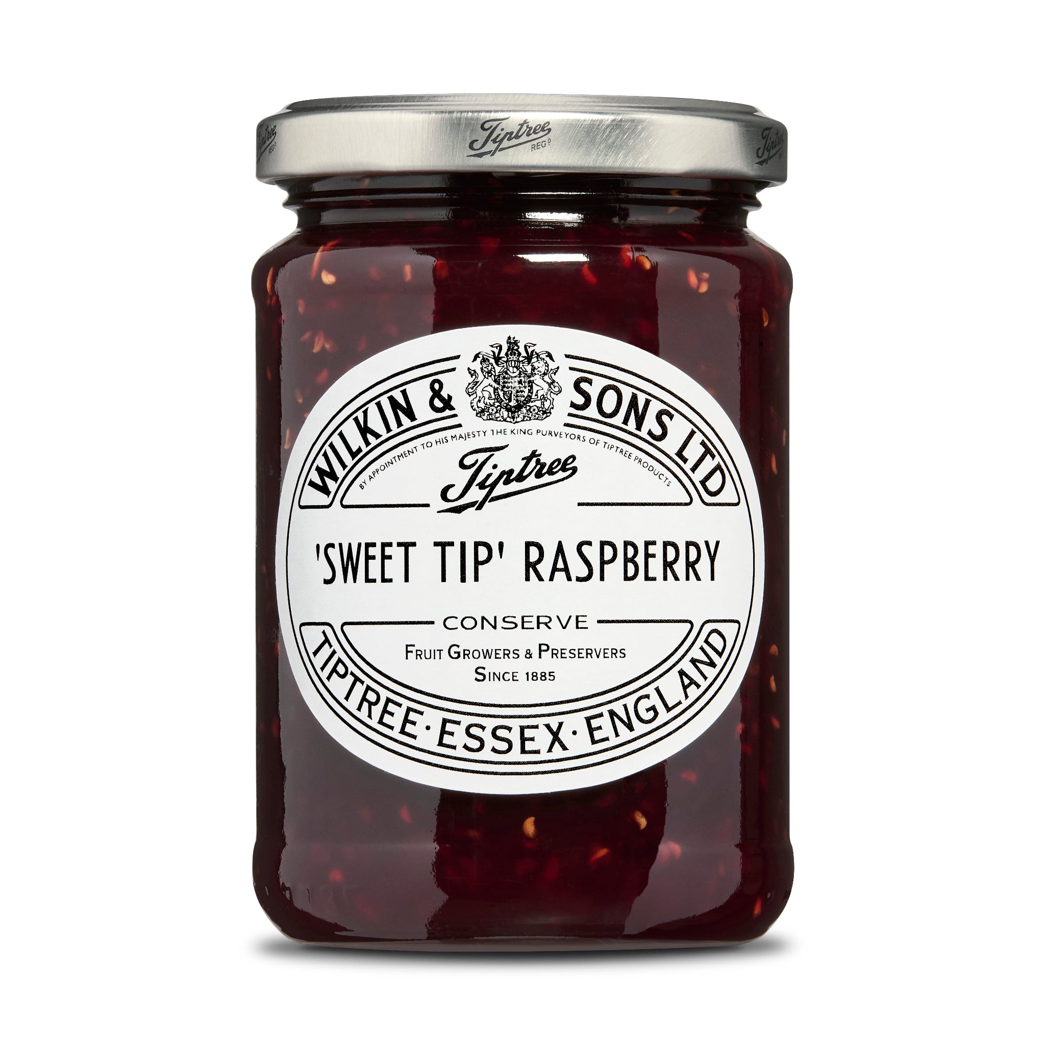 Jar of 'Sweet Tip' Raspberry Conserve with Tiptree label on a white background