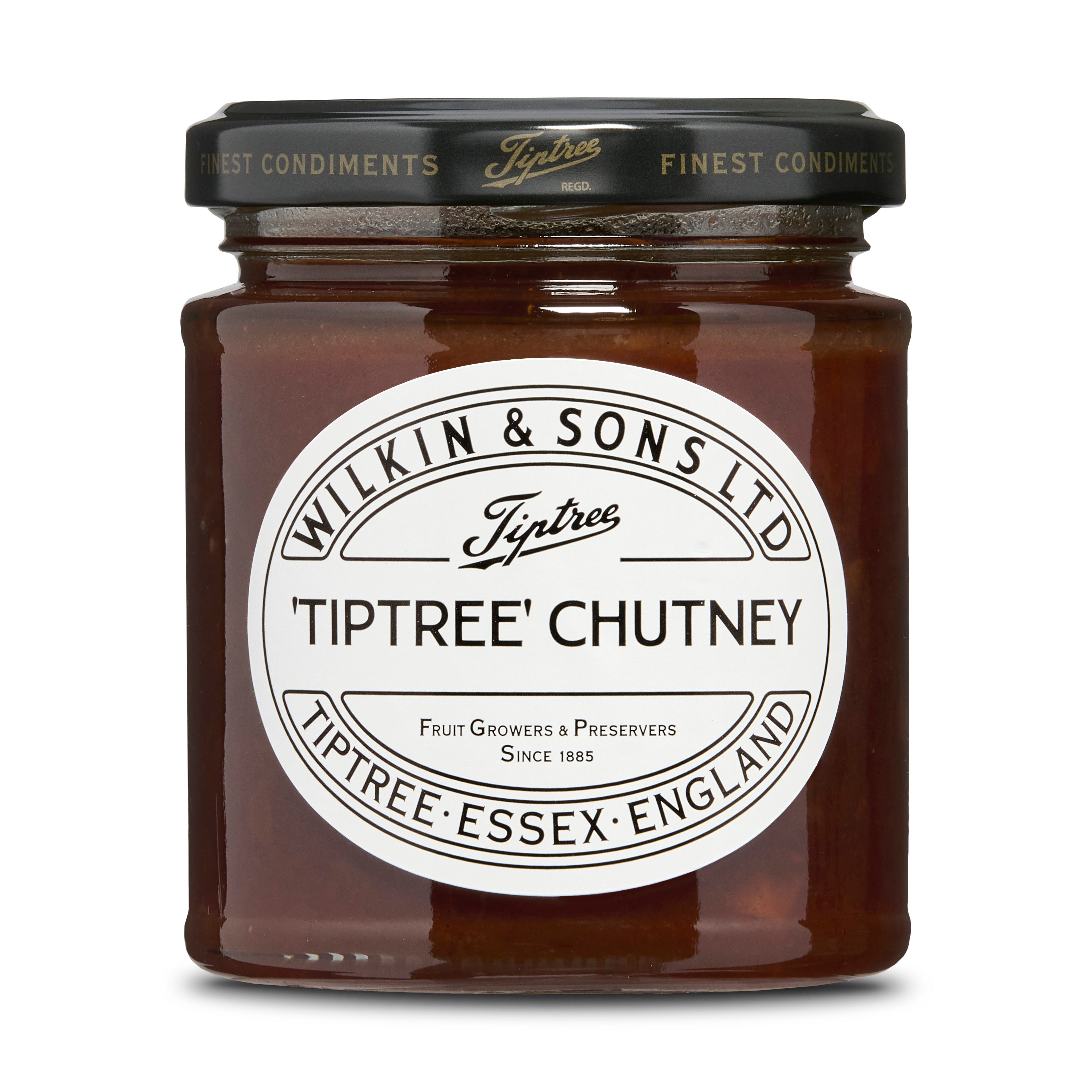 Jar of Tiptree Chutney with a white label on a white background