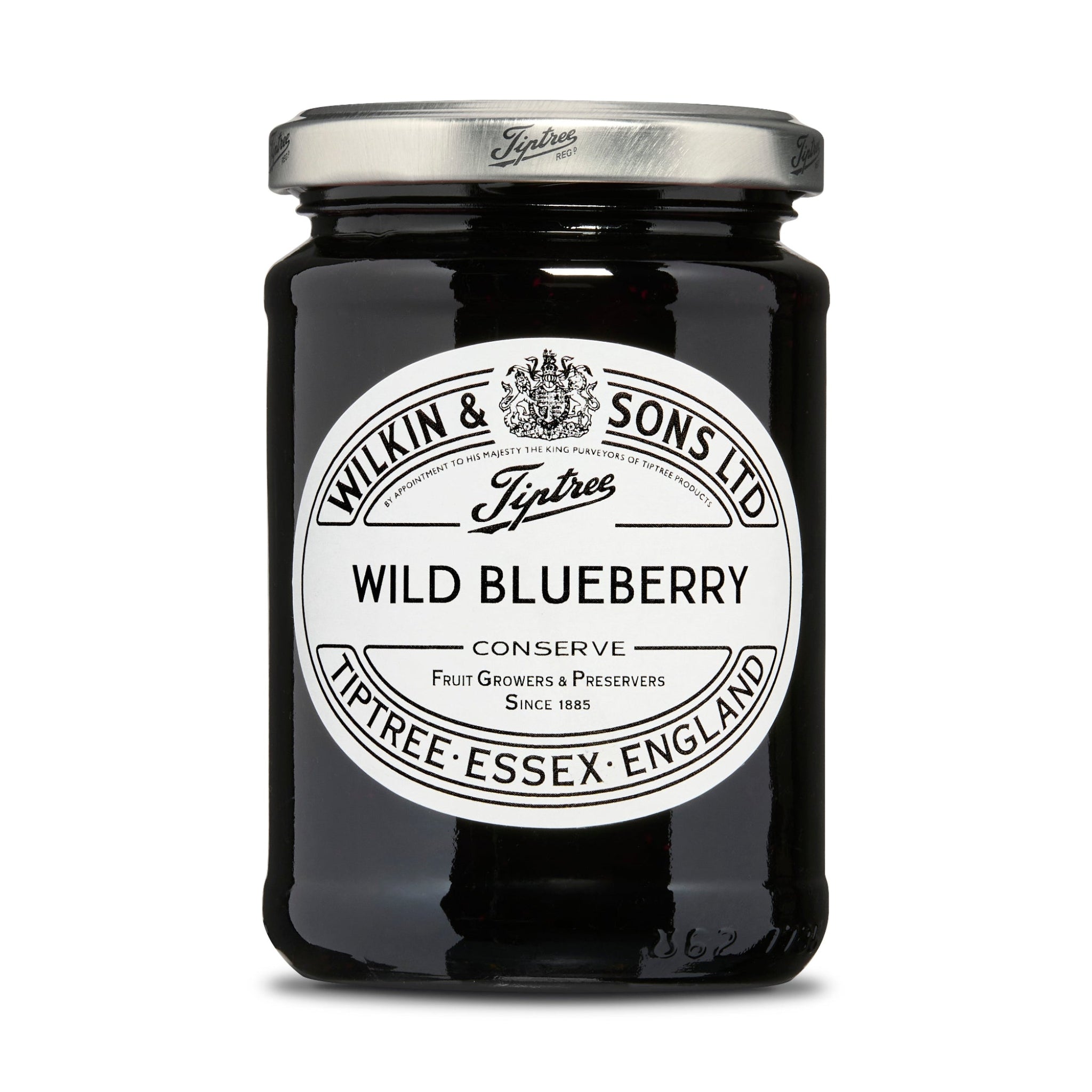 Jar of wild blueberry conserve with a white label on a white background