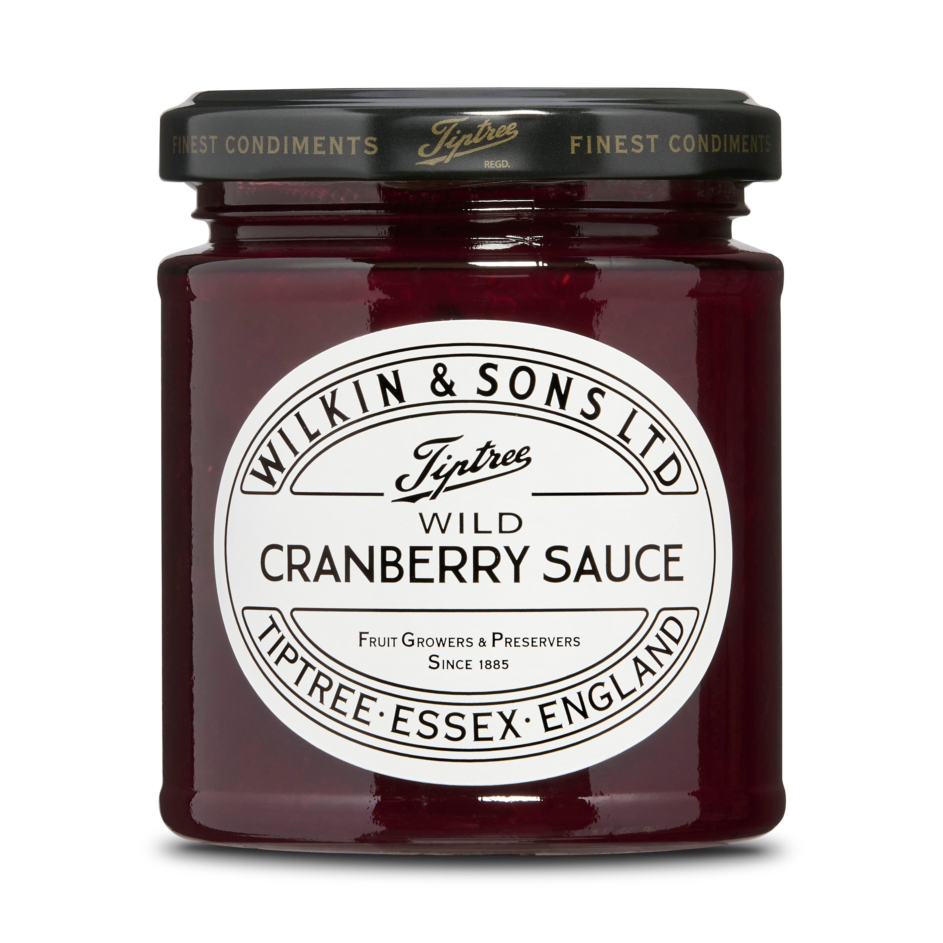 Jar of Wilkin & Sons Ltd Tiptree Wild Cranberry Sauce on a white background