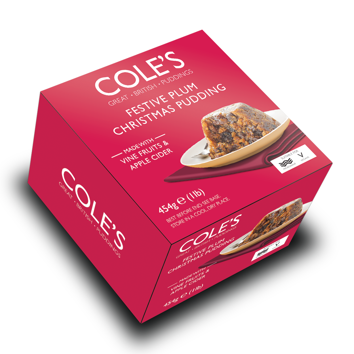 Box of Cole's Festive Plum Christmas Pudding on a white background
