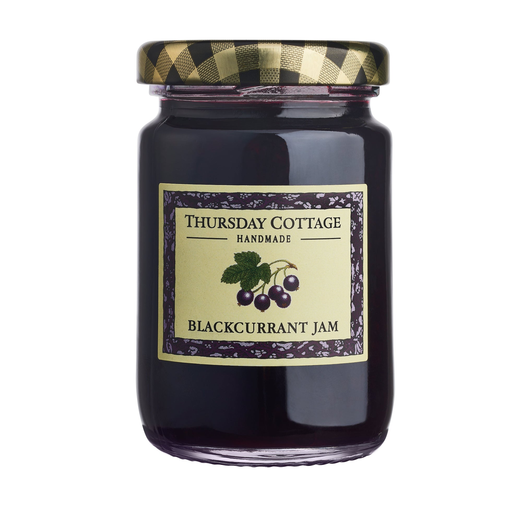 A jar of Thursday Cottage Blackcurrant Jam with a label showing blackcurrant illustrations. The jar is sealed with a checkered lid.