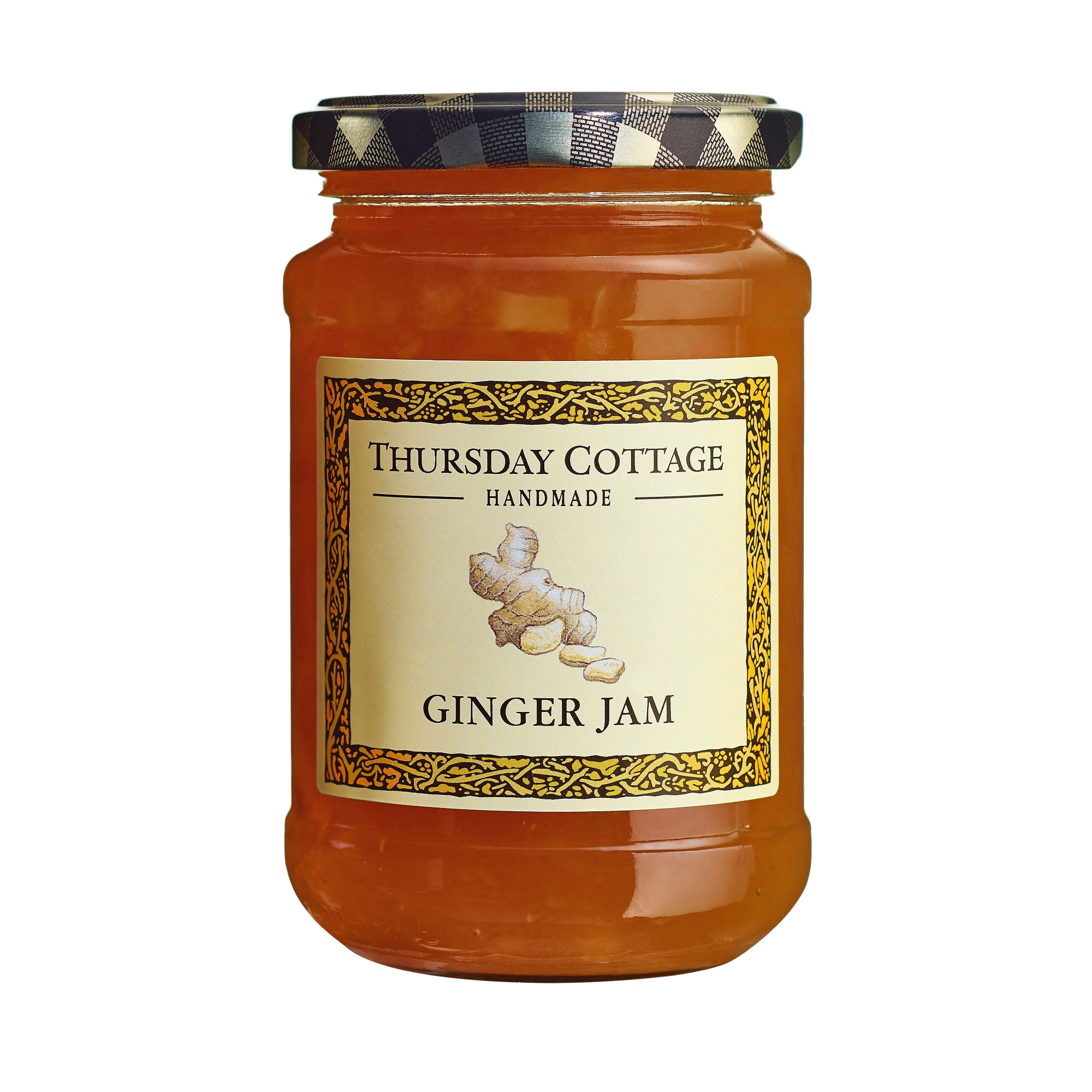 A jar of Thursday Cottage handmade ginger jam with a label showing the brand name and a illustration of ginger roots.