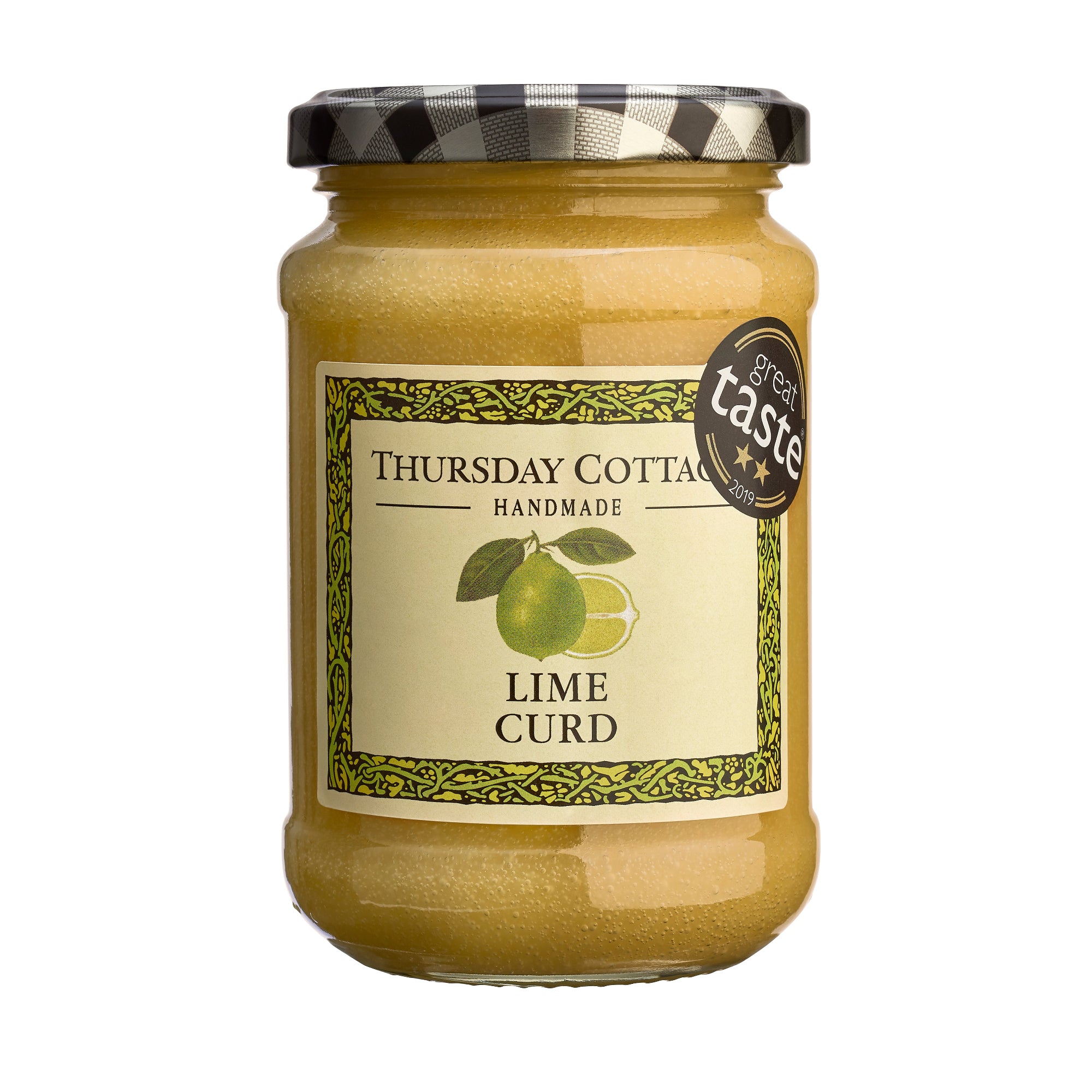A jar of Thursday Cottage Lime Curd with a label showing an image of a lime. The jar is sealed with a checkered lid.