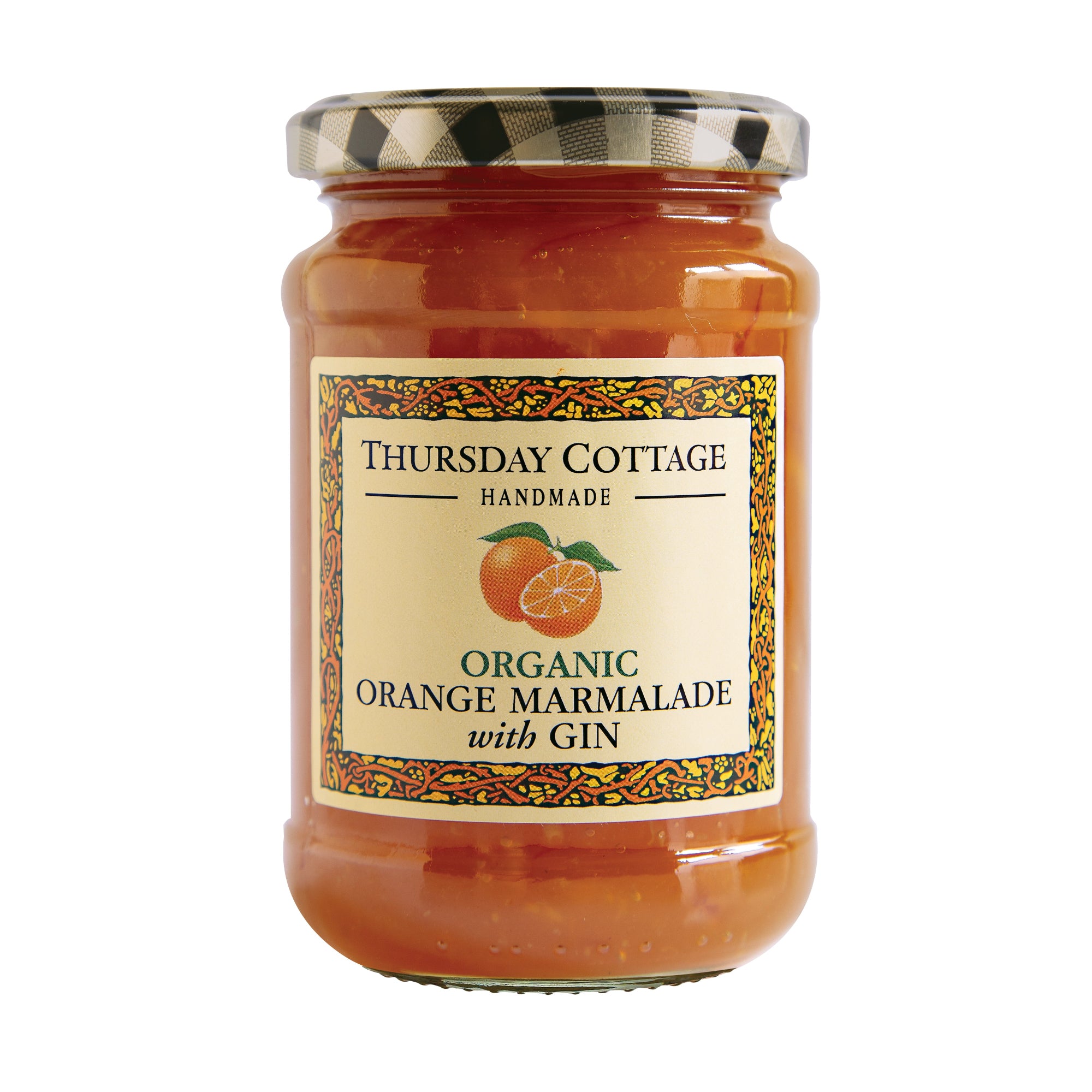 A jar of Thursday Cottage Organic Orange Marmalade with Gin, showing the product name and an image of an orange on the label.