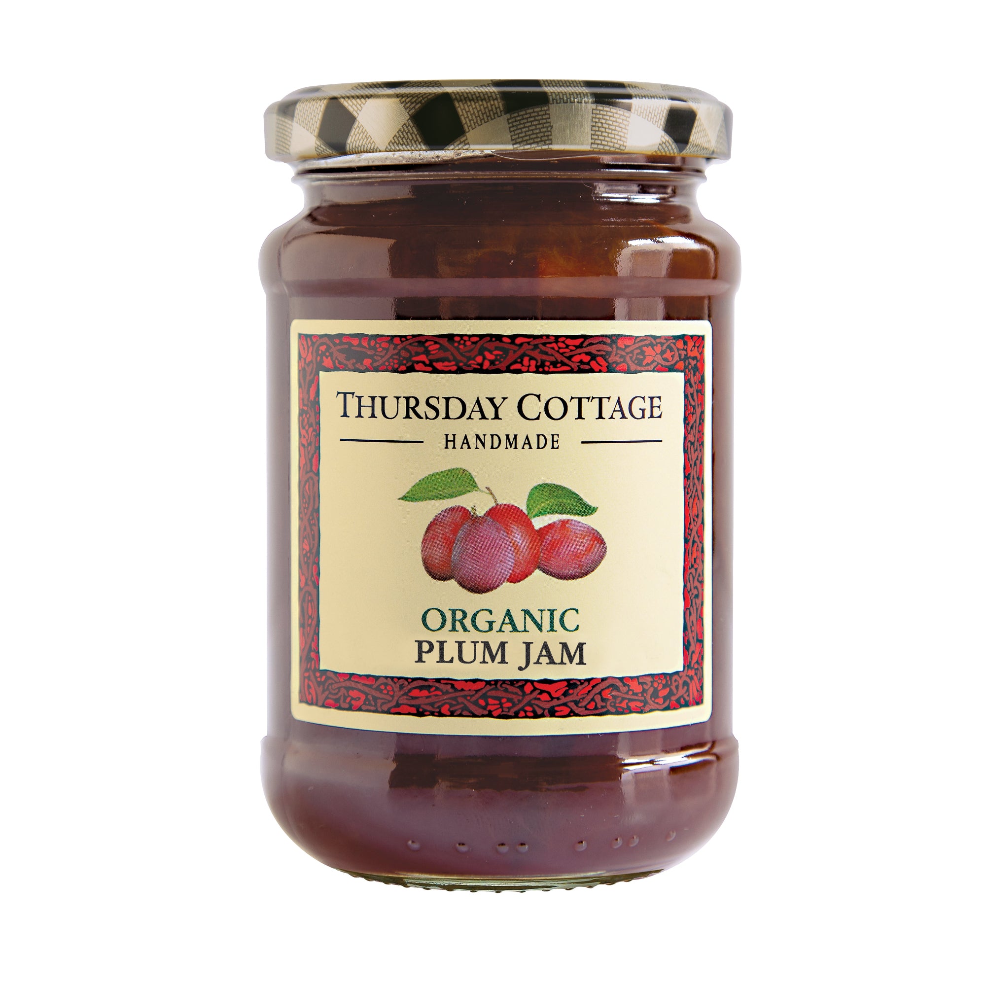 A jar of Thursday Cottage Organic Plum Jam with a label showing the brand name and pictures of plums. The jar is sealed with a checkered lid.