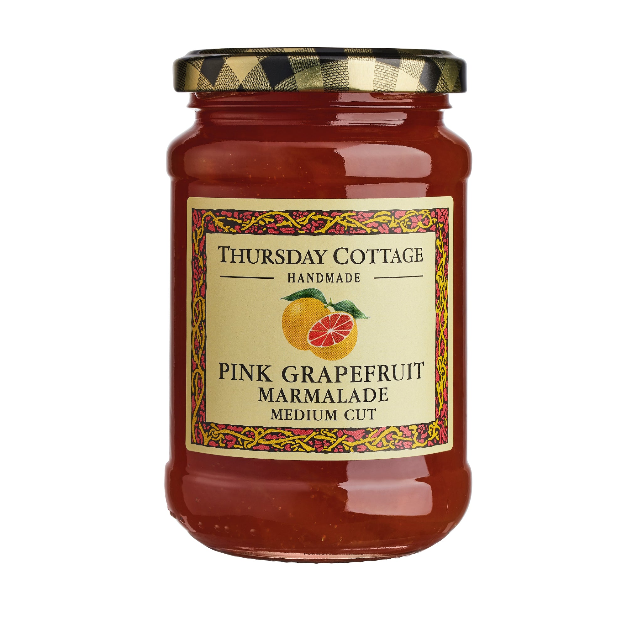 A jar of Thursday Cottage Pink Grapefruit Marmalade with a decorative label showing a slice of grapefruit. The jar is sealed with a metal lid.