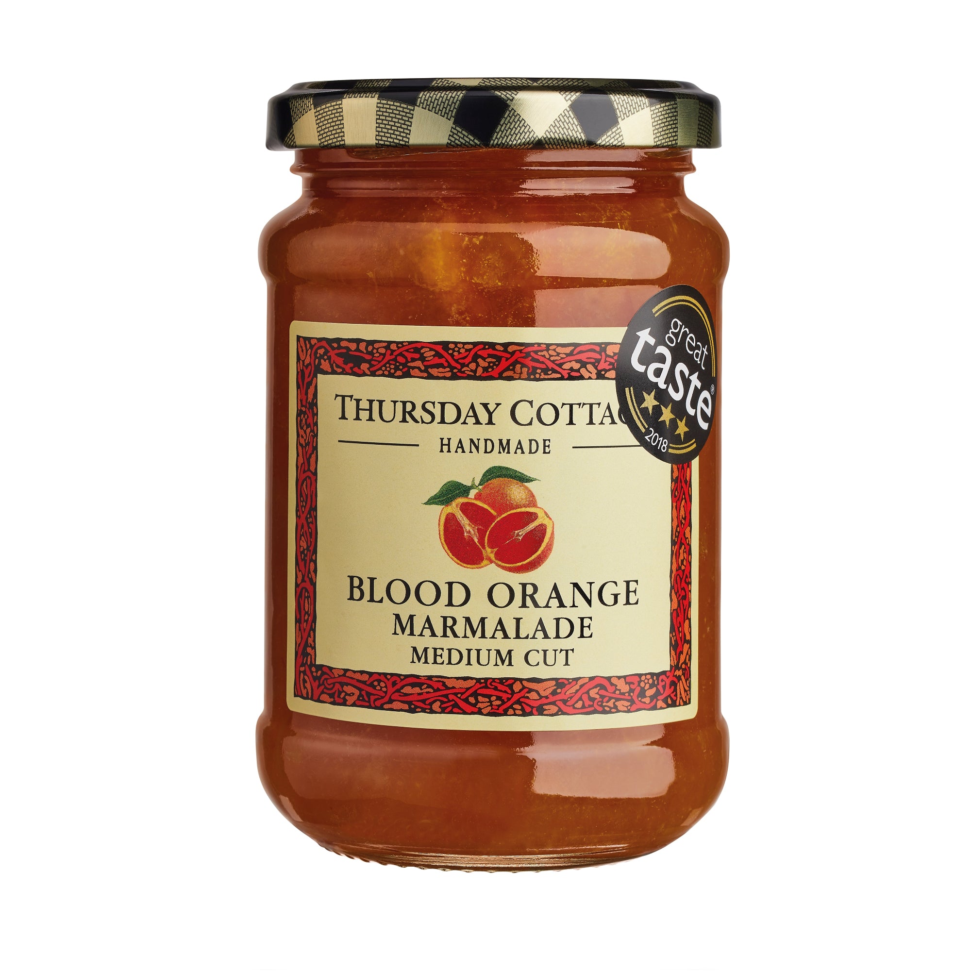 A jar of Thursday Cottage Blood Orange Marmalade with a label showing an image of a blood orange. The jar is sealed with a checkered lid and has a sticker indicating it is a Great Taste Award winner.