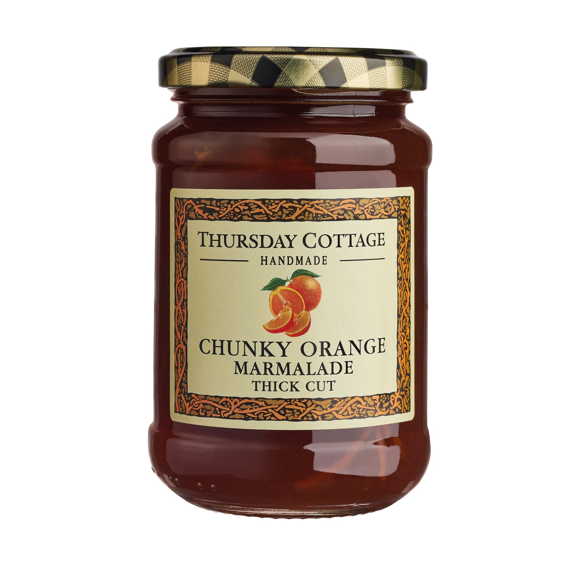 A jar of Thursday Cottage Chunky Seville Orange Marmalade with a label showing a picture of an orange. The jar is sealed with a metal lid.