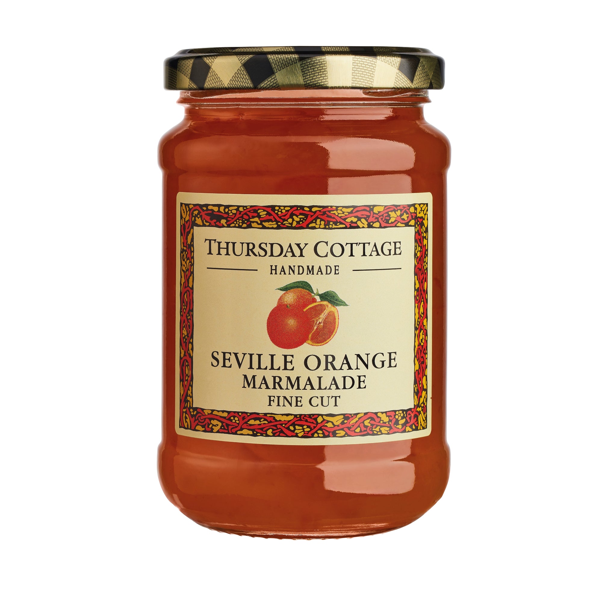 A jar of Thursday Cottage Seville Orange Marmalade with a label showing an image of oranges. The jar is sealed with a metal lid.