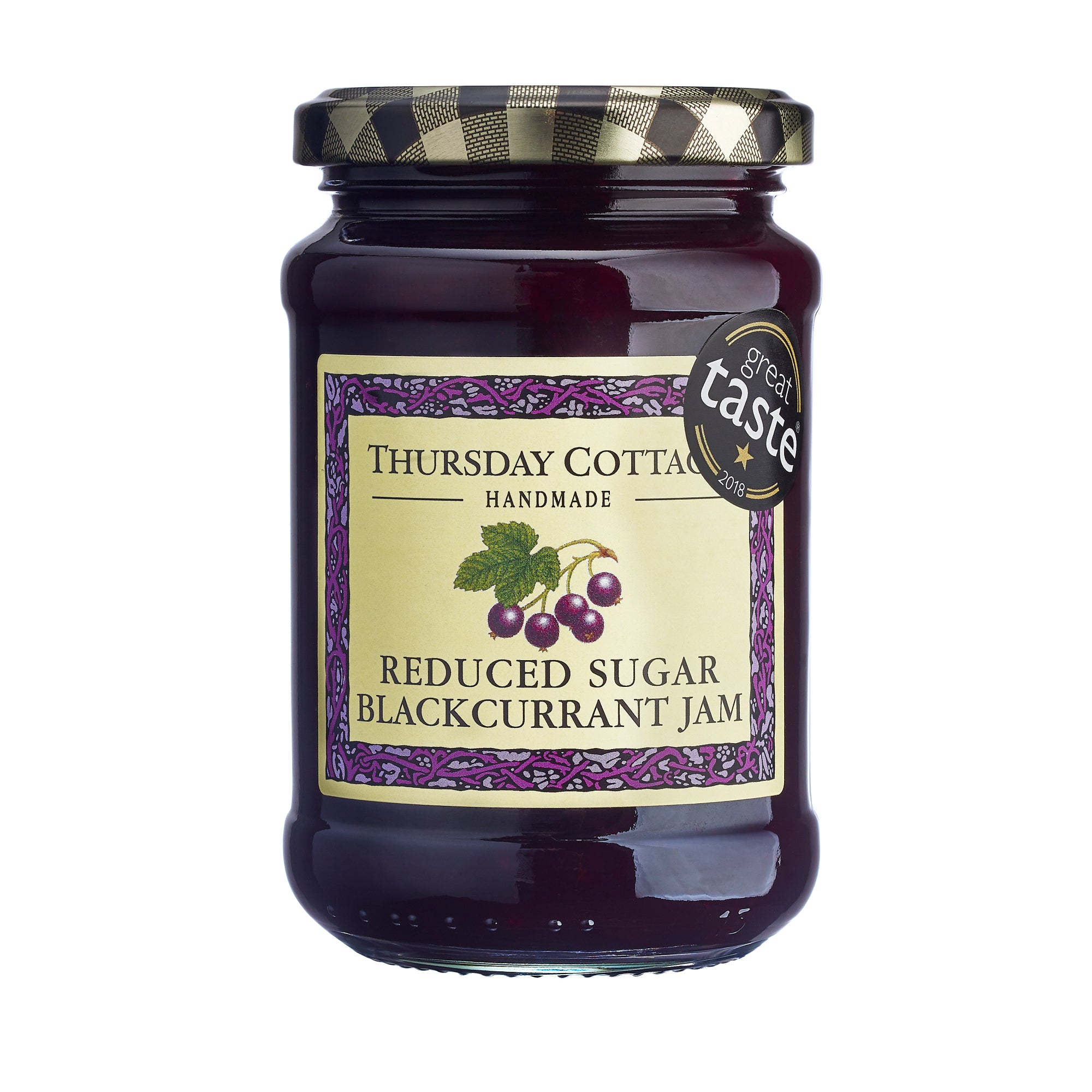 A jar of Thursday Cottage reduced sugar blackcurrant jam with a label showing the brand name, the product name, and an image of blackcurrants. The jar has a checkered lid and is presented against a white background.