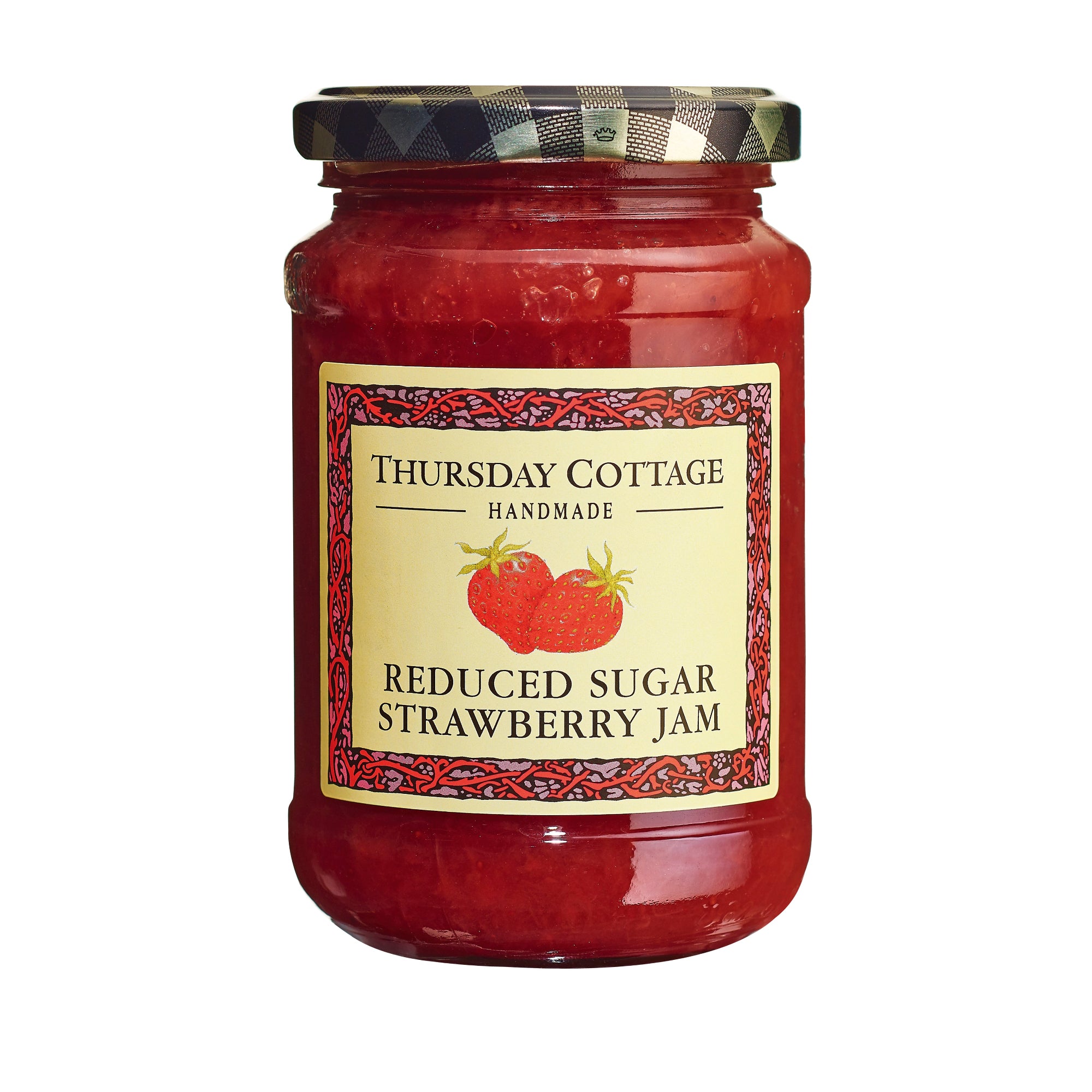 A jar of Thursday Cottage Reduced Sugar Strawberry Jam with a label showing the brand name and a picture of a strawberry. The jar is sealed with a metal lid.