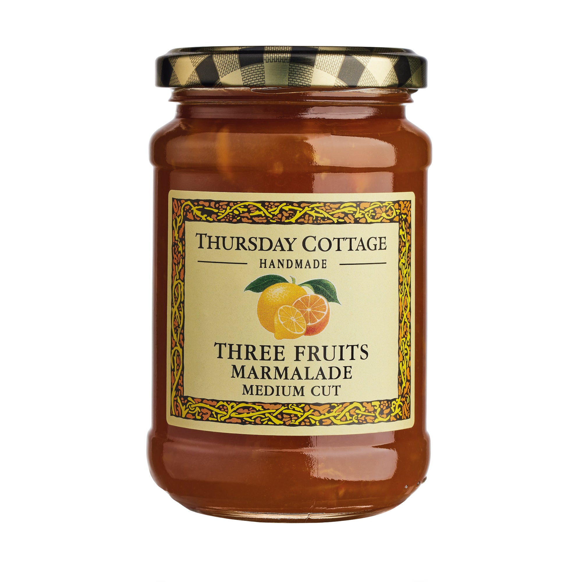 A jar of Thursday Cottage Three Fruits Marmalade with a label showing an image of a orange, grapefruit and lemon. The jar is sealed with a metal lid.