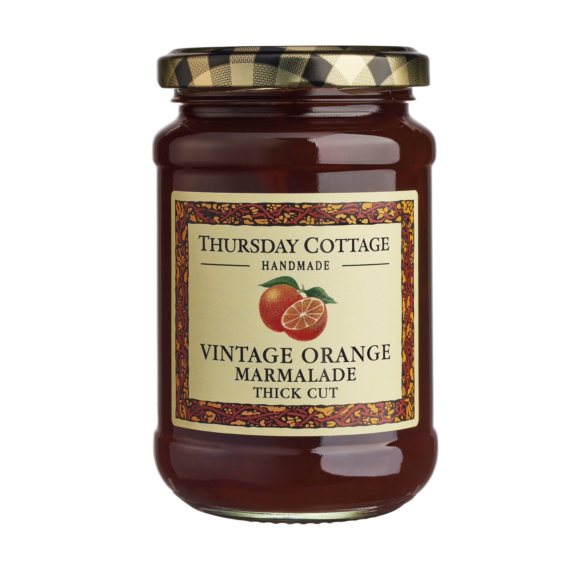 A jar of Thursday Cottage Vintage Orange Marmalade with a label showing the brand name and a picture of an orange. The jar is sealed with a checkered lid.